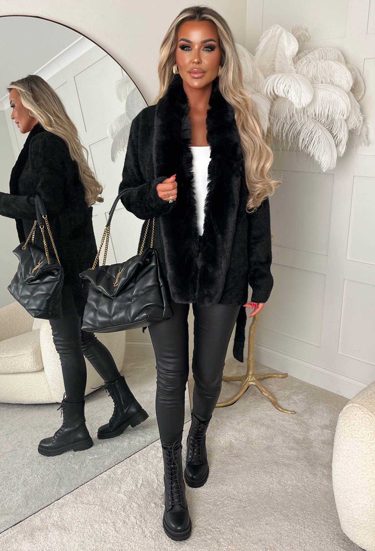 Autumn Escape Black Mid Length Faux Fur Belted Cardigan