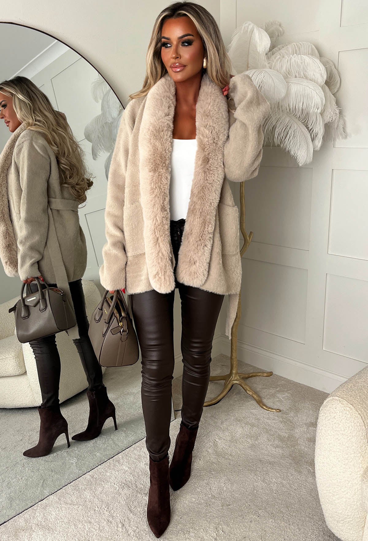 Autumn Escape Mocha Mid Length Faux Fur Belted Cardigan