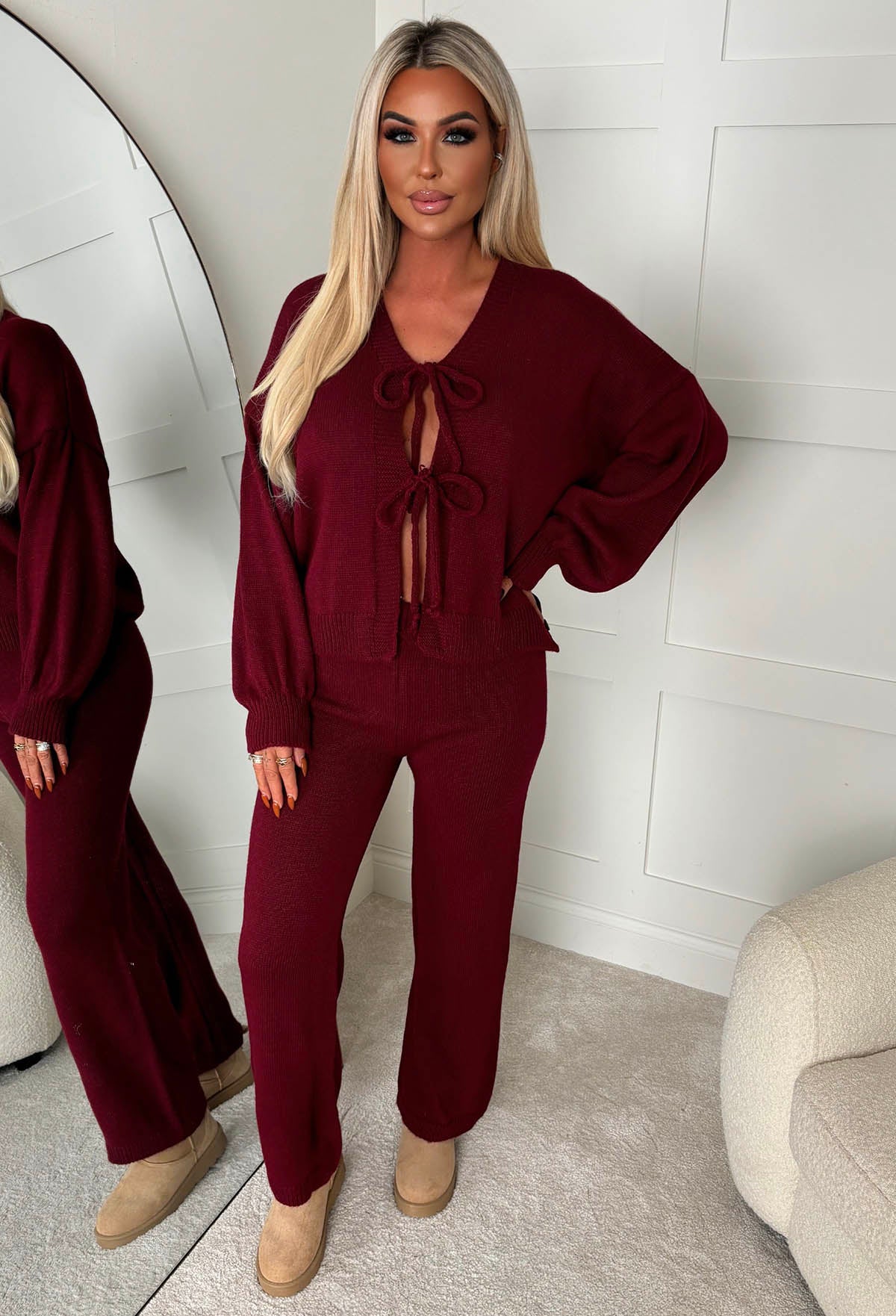 Autumn Baby Burgundy Tie Knot Knitted Co-Ord Set Pink Boutique