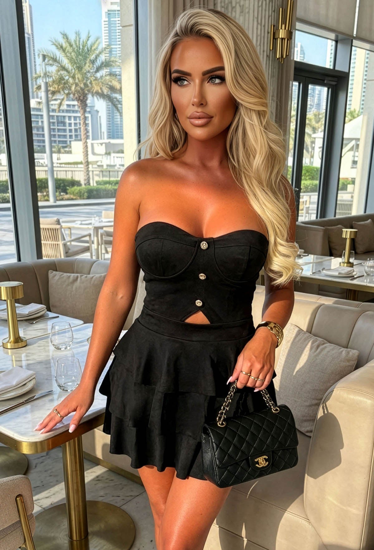 Baby Doll Black Faux Suede Button Front Ra Ra Mini Dress