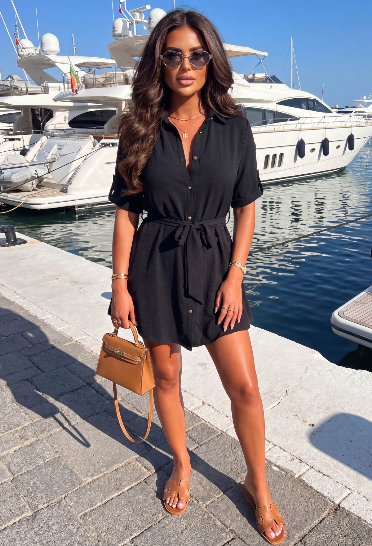 Black shirt dress with short sleeves, button front and belted waist, styled as a mini dress.