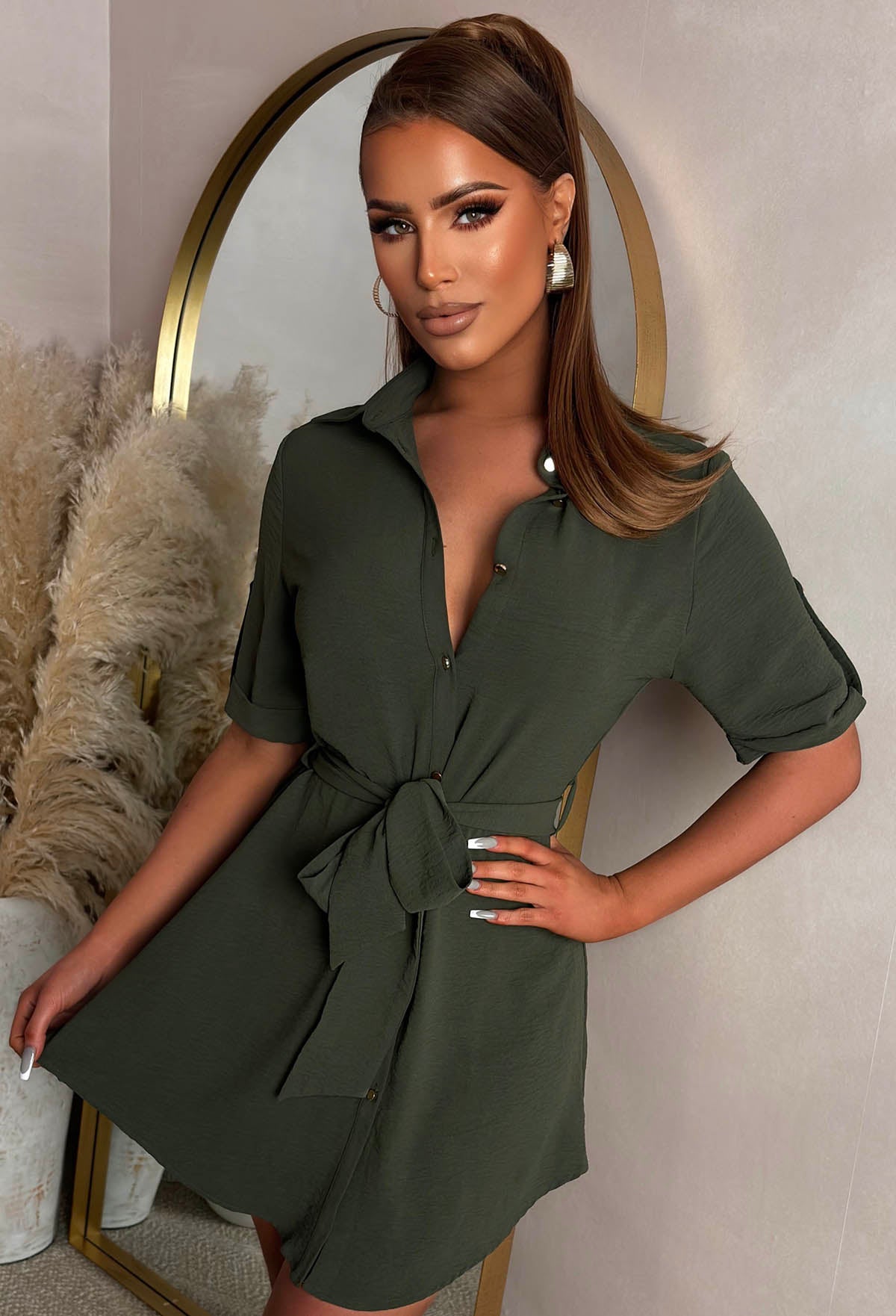 Baby Love Me Khaki Shirt Dress Pink Boutique - Main Image