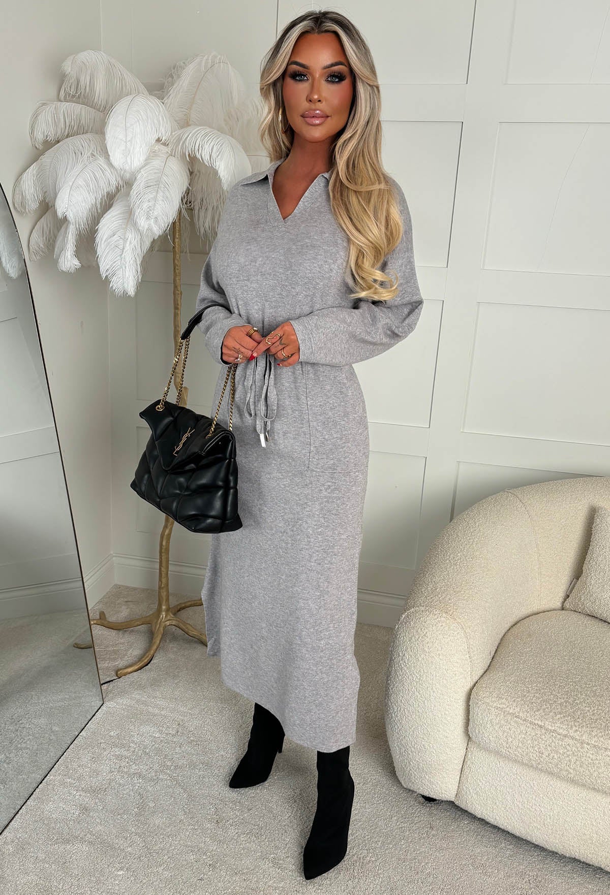 Bad Girl Vibes Grey Collared Tie Waist Midi Knitted Dress | Pink Boutique Bad Girl Vibes Grey Collared Tie Waist Midi Knitted Dress | Pink Boutique