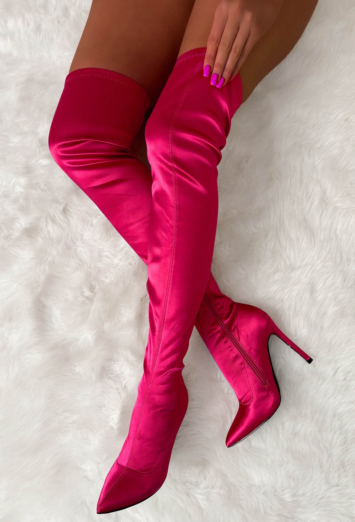 Baddie Behaviour Hot Pink Satin Thigh High Boots