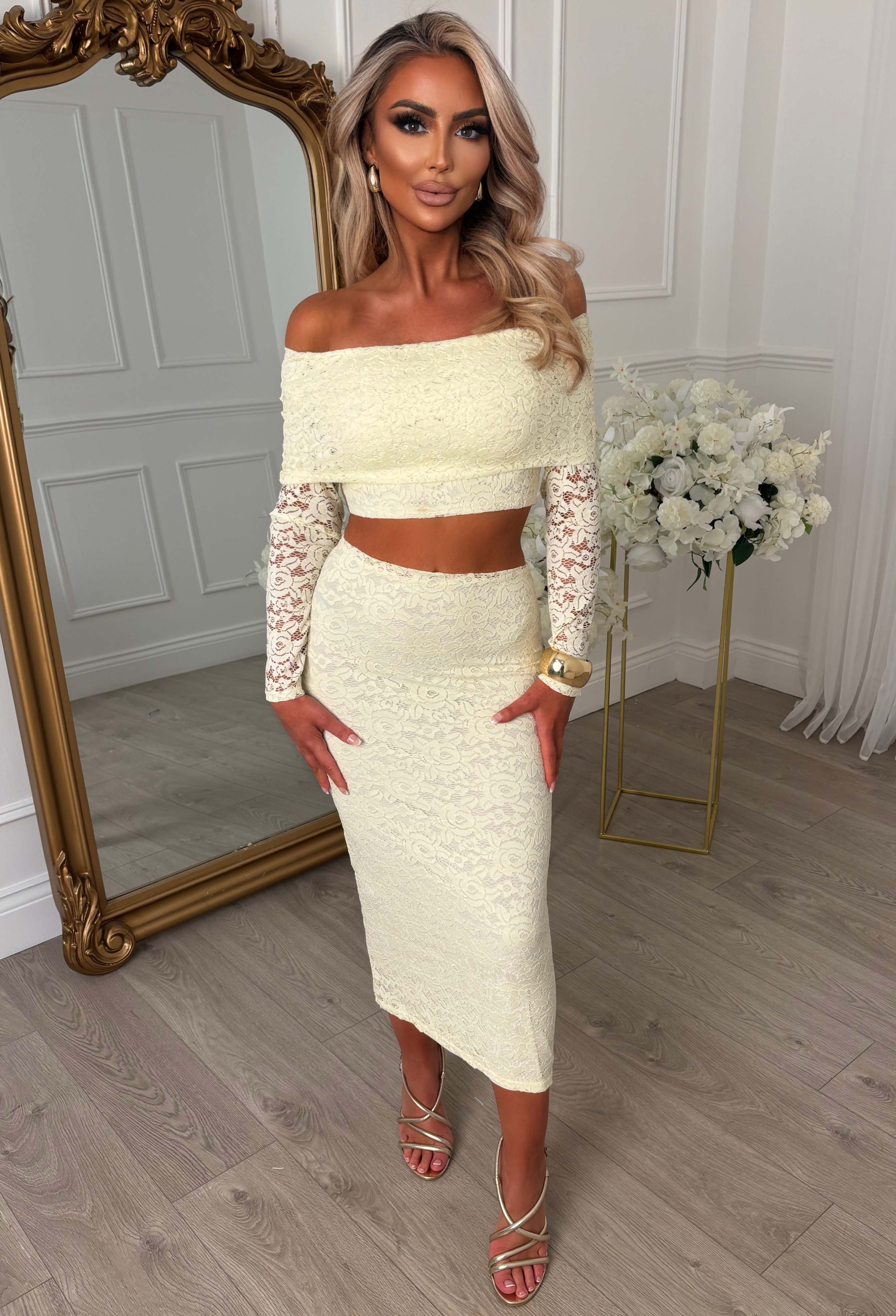 Baecation Beauty Lemon Lace Bardot Top & Midi Skirt Co-Ord Set