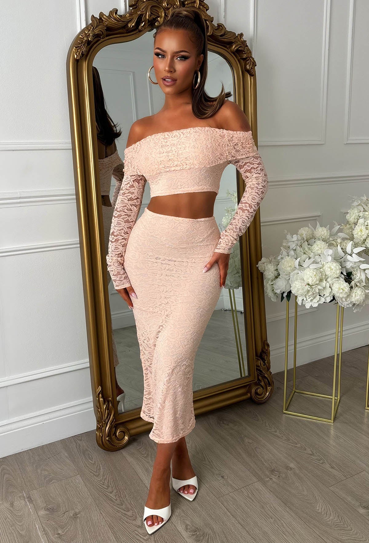 Baecation Beauty Light Pink Lace Bardot Top & Midi Skirt Co-Ord Set