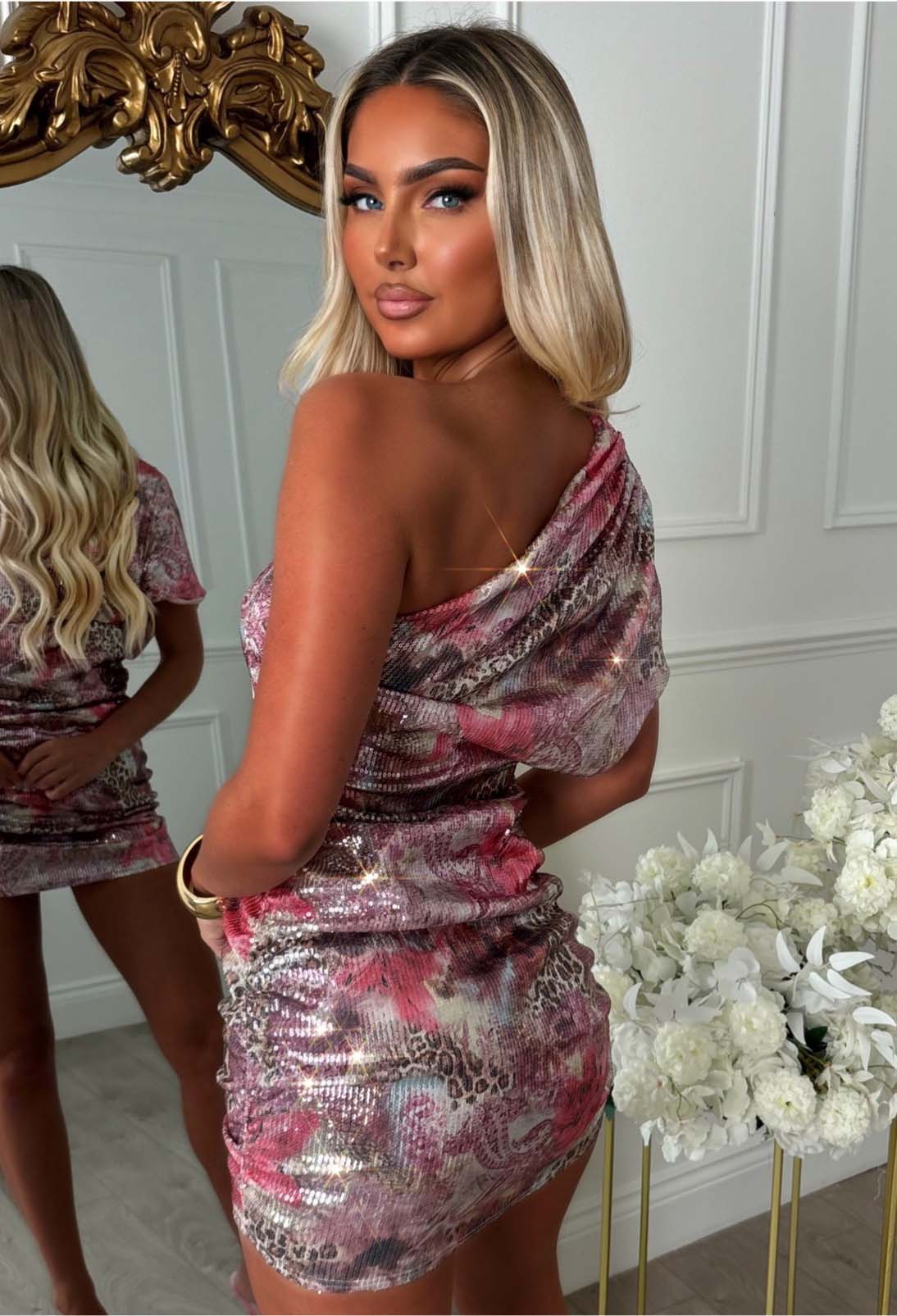 Bali Bella Multi Leopard Print Sequin One Shoulder Dress