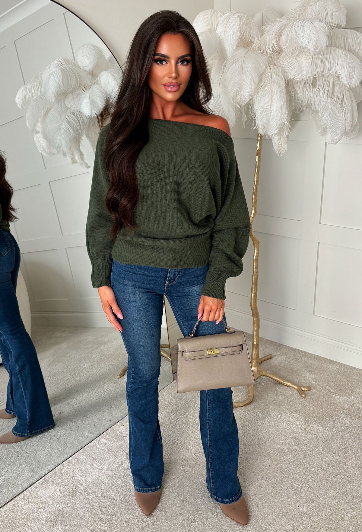 Khaki ultra soft off the shoulder jumper with relaxed fit, ribbed knit texture and long sleeves.