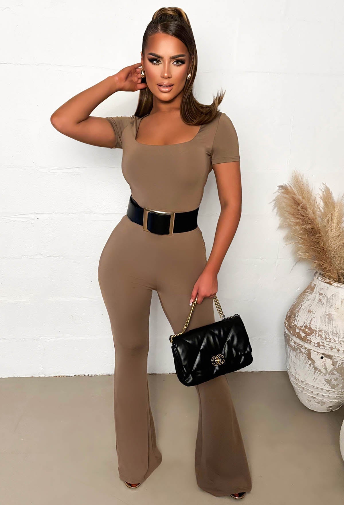 Taupe Red Flared Jumpsuit