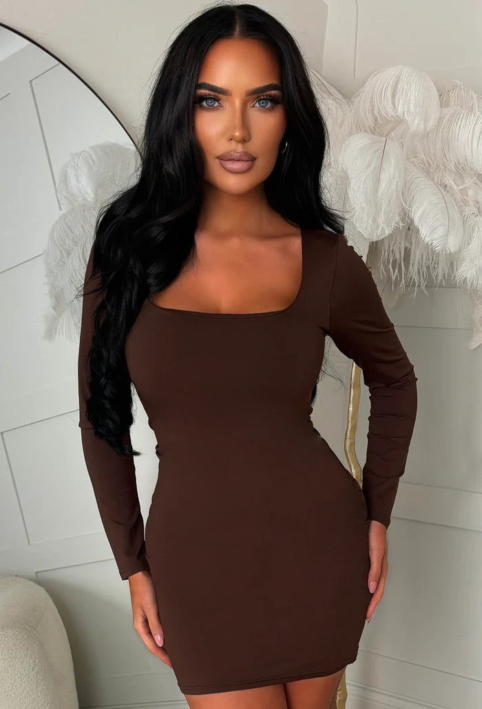 Chocolate Brown Long Sleeve Mini Dress