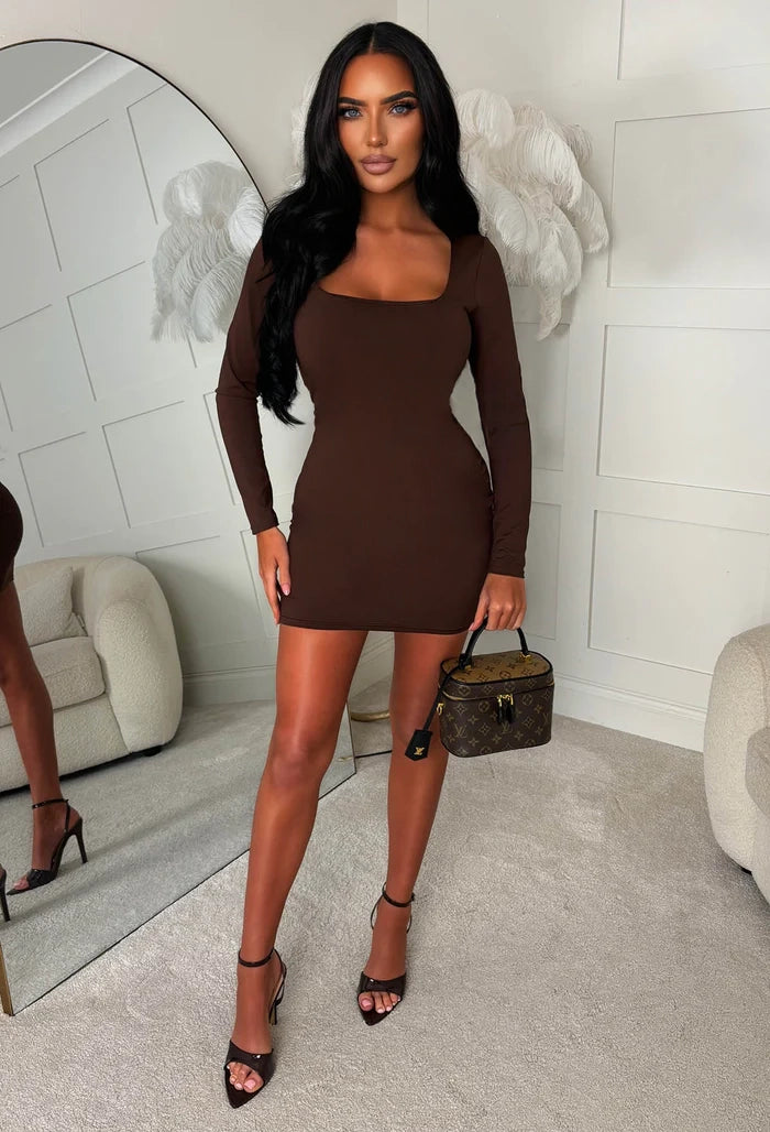 Basically Be Sassy Chocolate Brown Long Sleeve Mini Dress