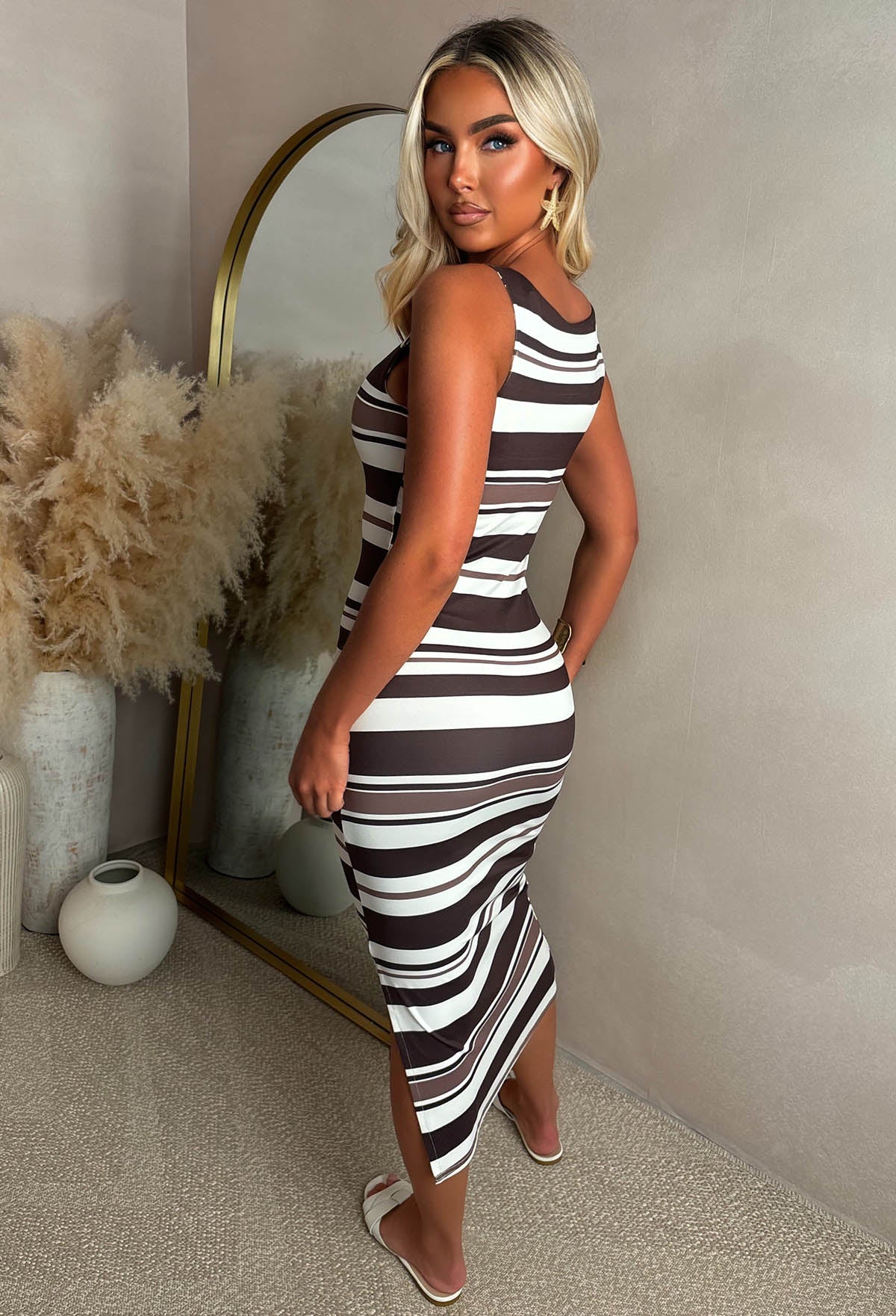 Basically Be There Brown Striped Sleeveless Basic Dress