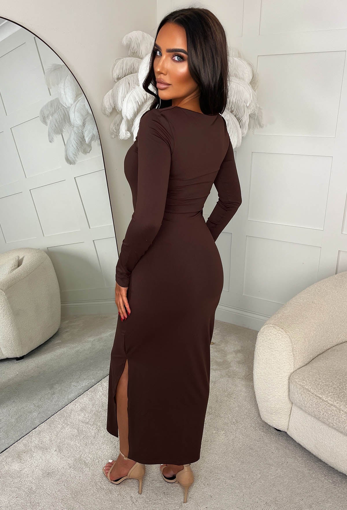 Brown Long Sleeve Bodycon Dress