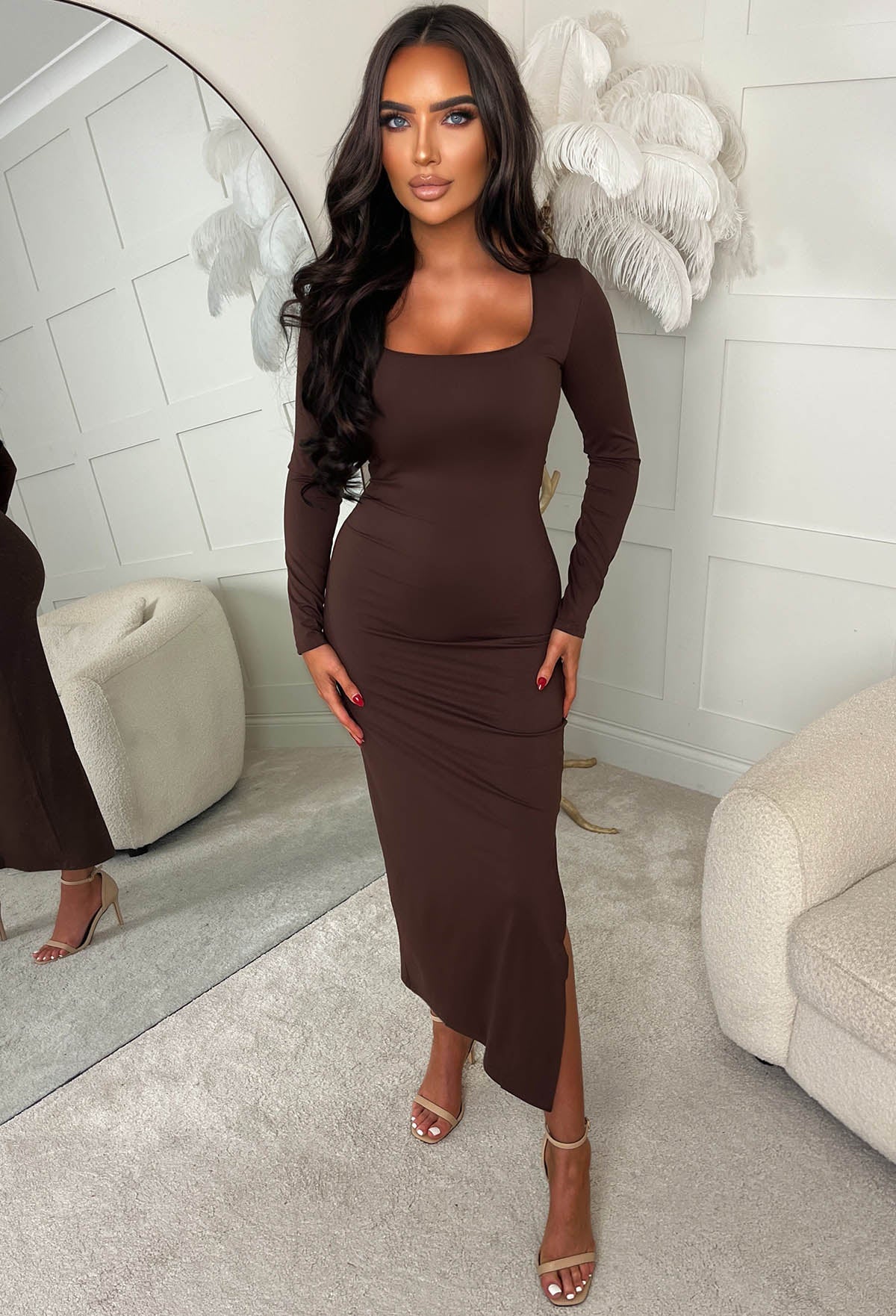 Brown Long Sleeve Bodycon Dress