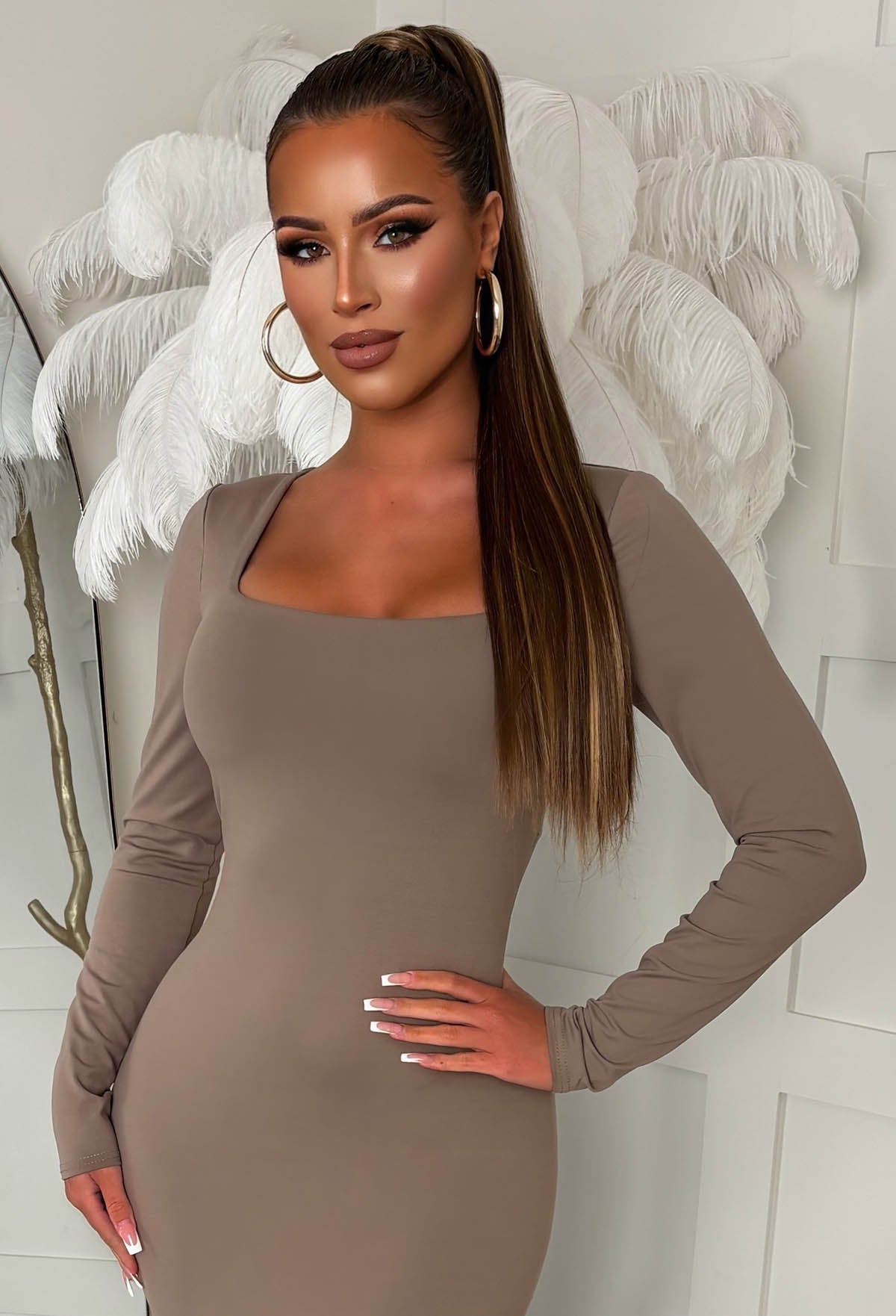 Mocha bodycon midi dress with a square neckline, long sleeves and a figure-hugging silhouette.