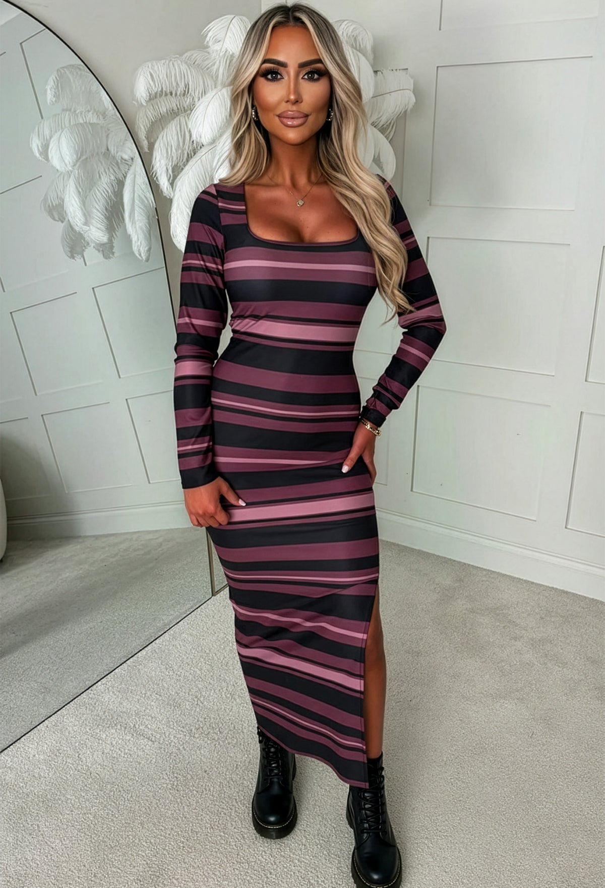 Basically I'm Yours Burgundy Stripe Square Neck Long Sleeve Midi Dress