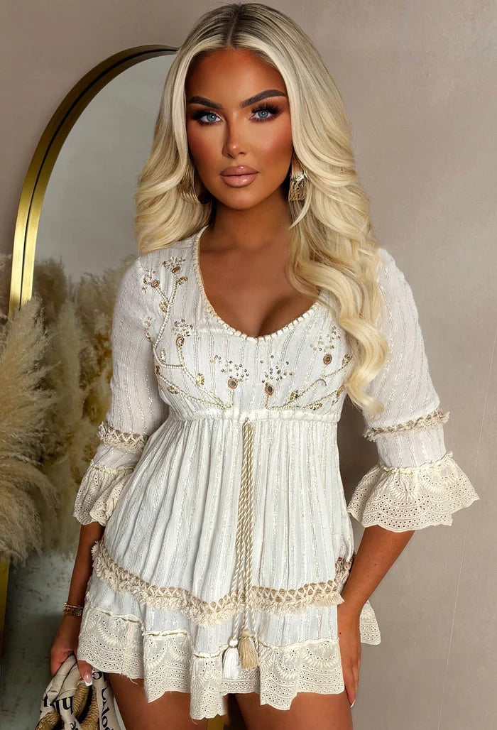 Beach Beauty White Embroidered Tiered Top