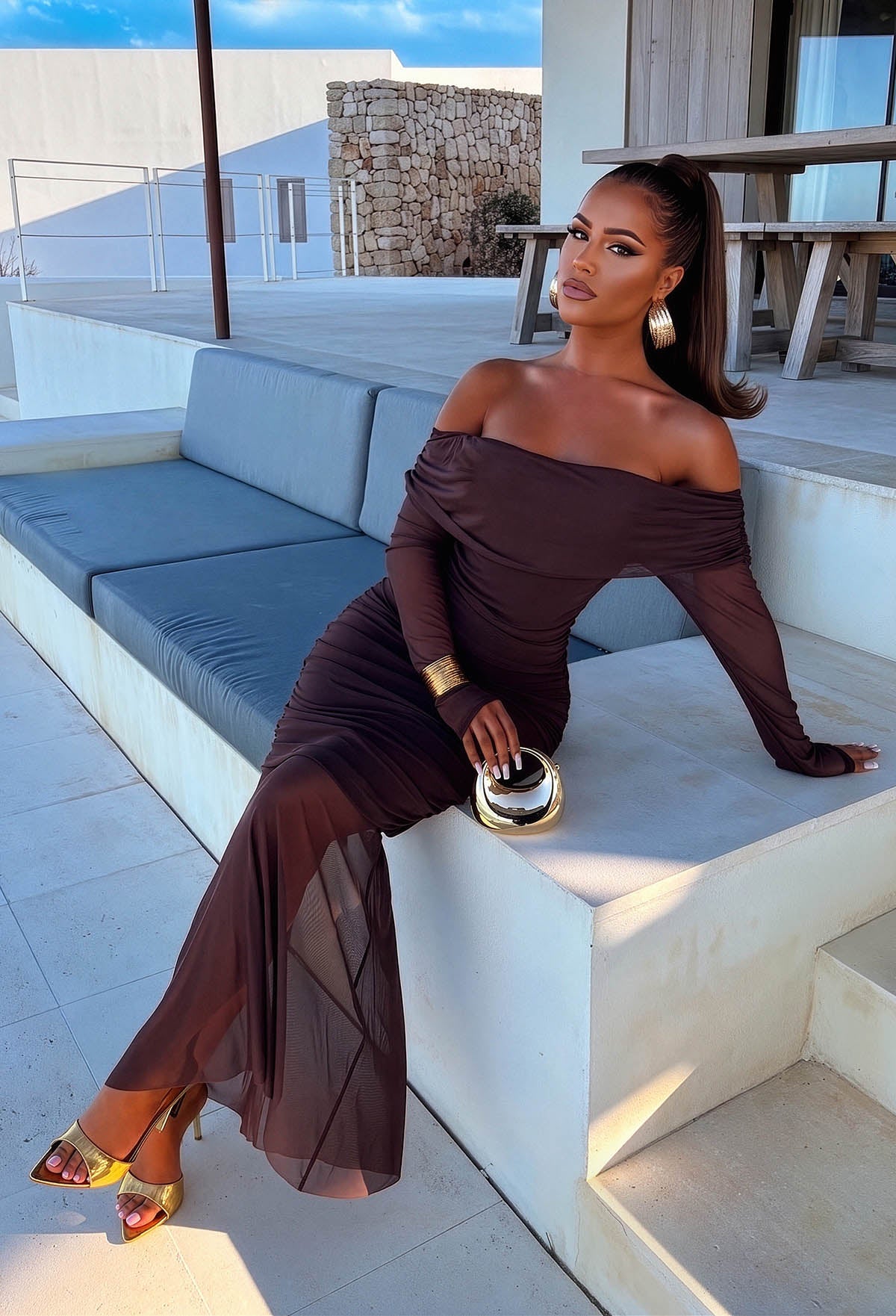 bardot brown maxi dress Bella Forever Chocolate Brown Mesh Bardot Mini Maxi Dress
