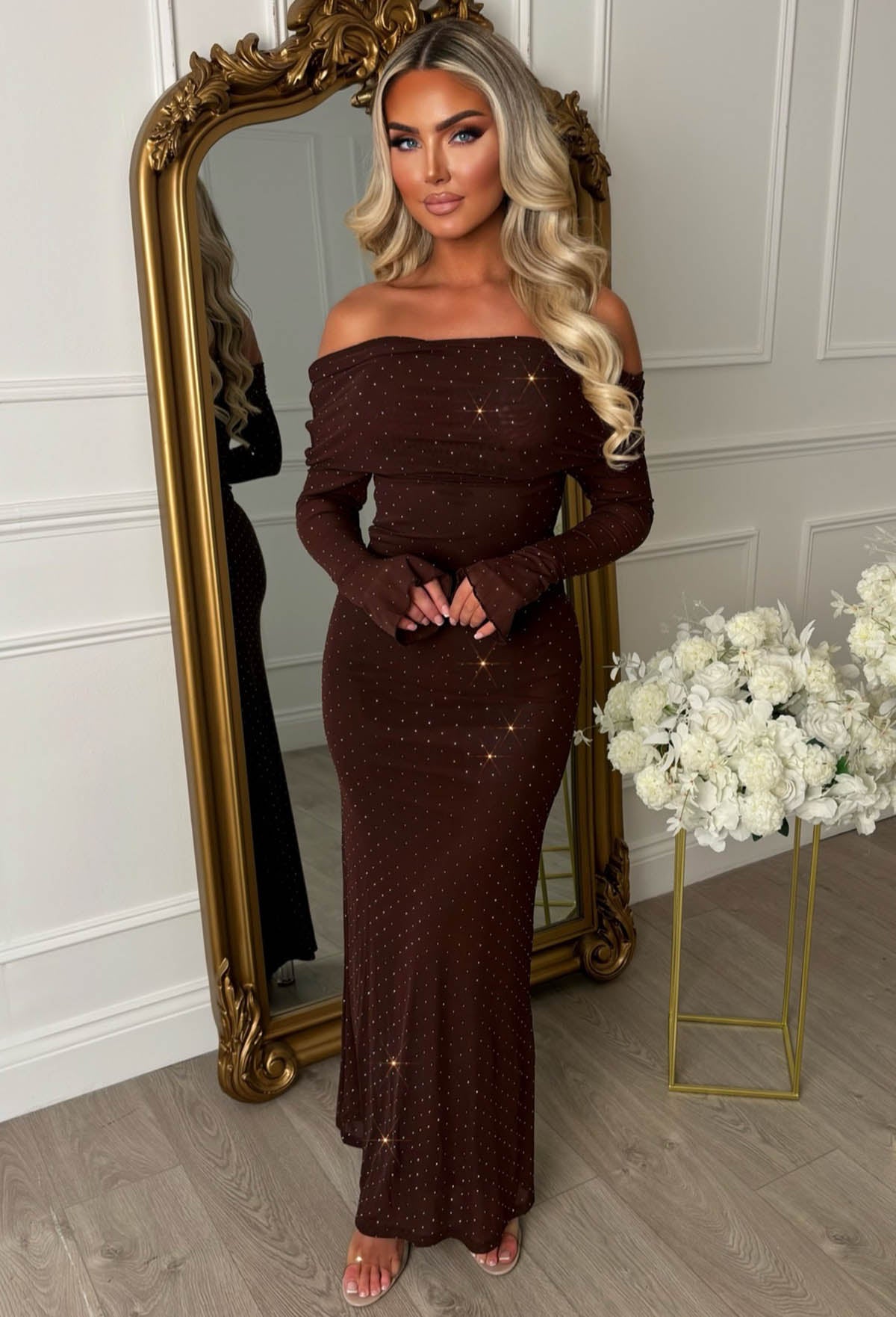 Best Babe Chocolate Brown Rhinestone Mesh Off Shoulder Maxi Dress
