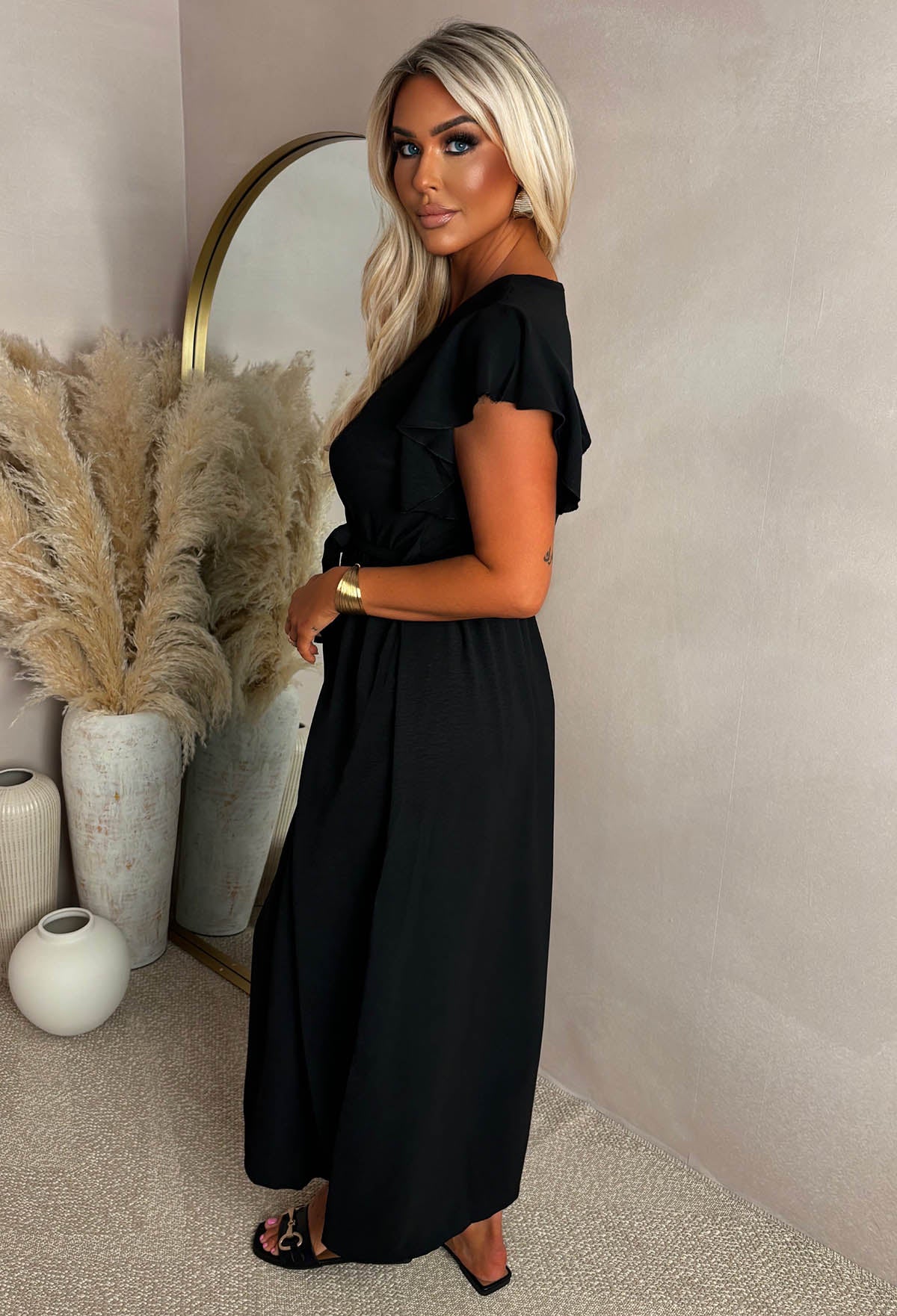 Best Believe Me Black Wrap Front Frill Sleeve Maxi Dress