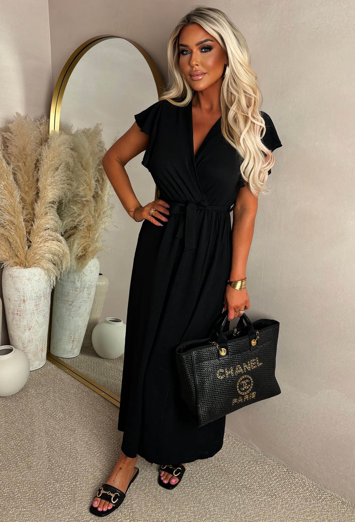 Best Believe Me Black Wrap Front Frill Sleeve Maxi Dress | Pink Boutique Best Believe Me Black Wrap Front Frill Sleeve Maxi Dress | Pink Boutique