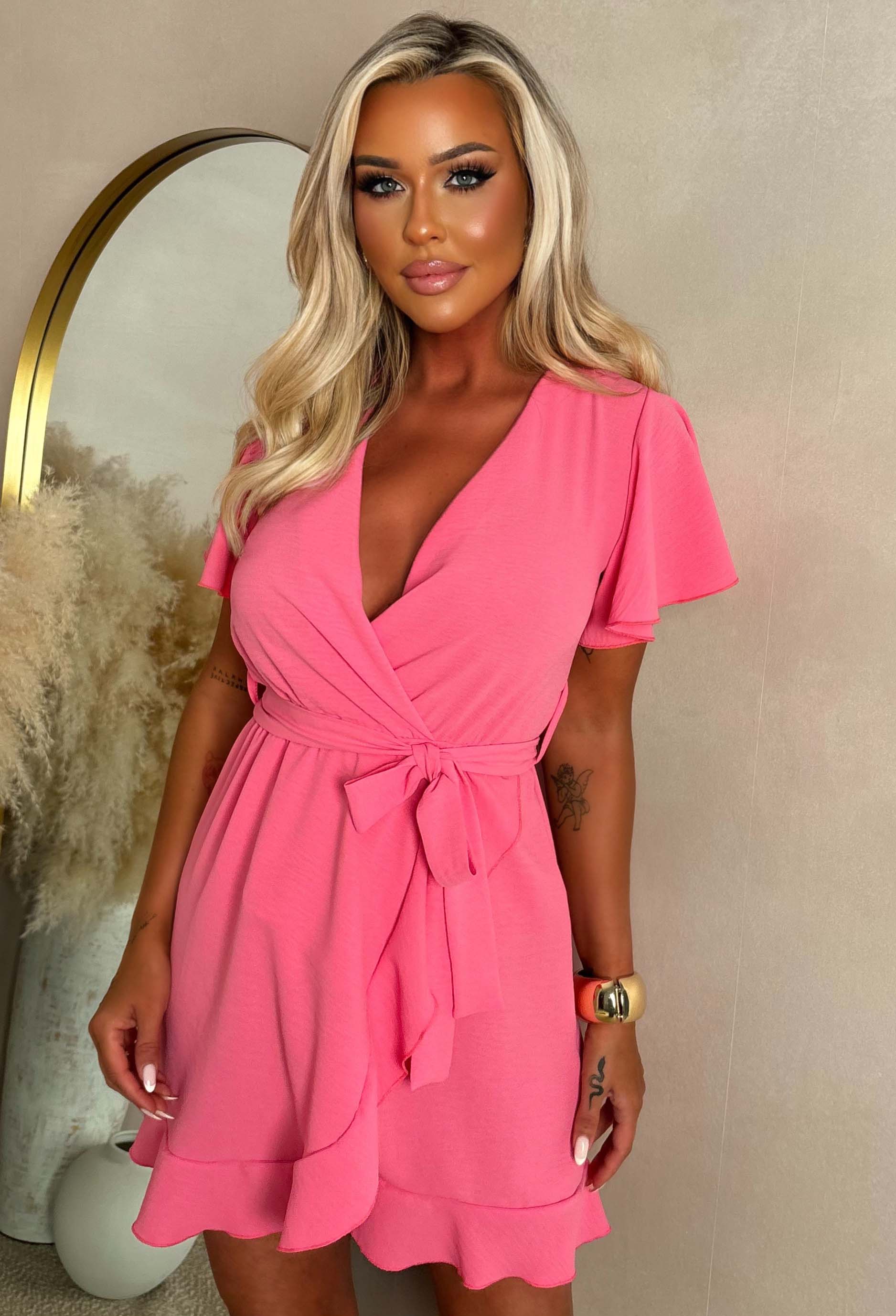 Better Believe It Fuchsia Wrap Front Frill Sleeve Mini Dress