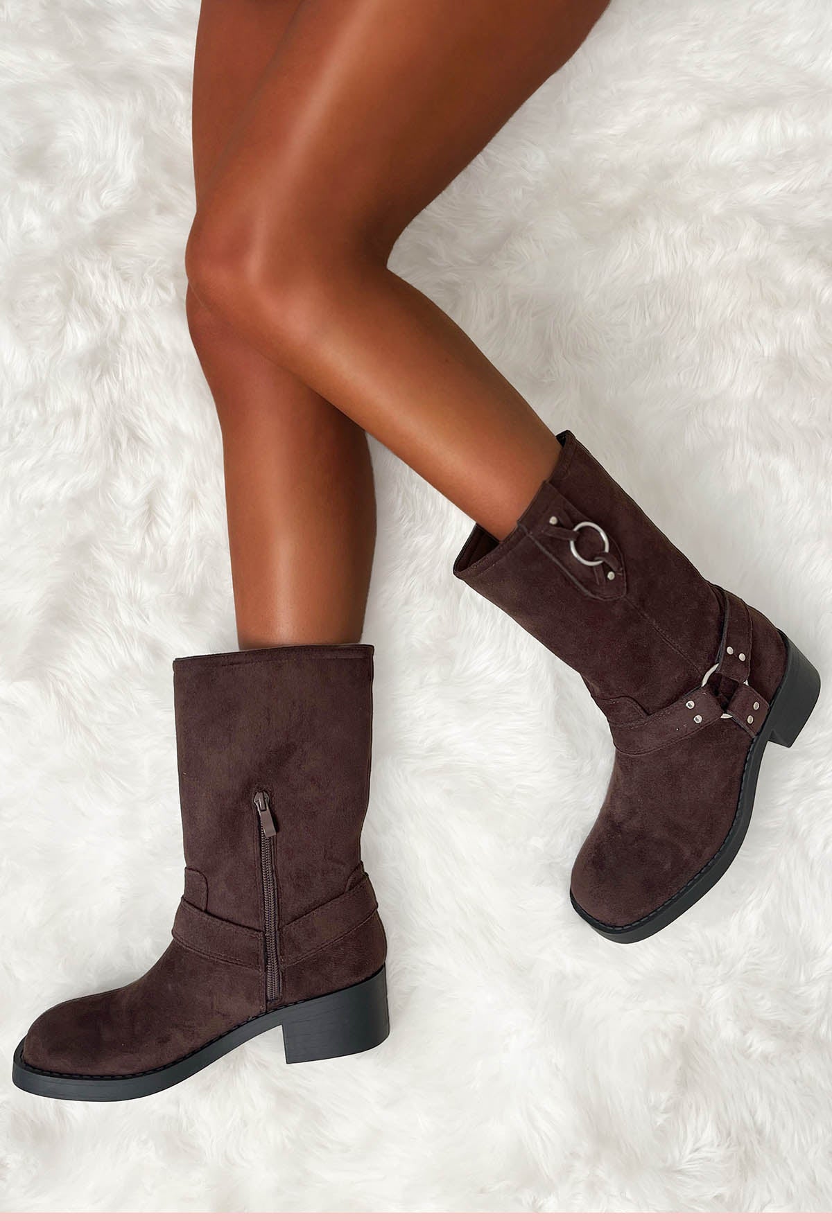 Biker Baby Brown Faux Suede Strap Biker Boots
