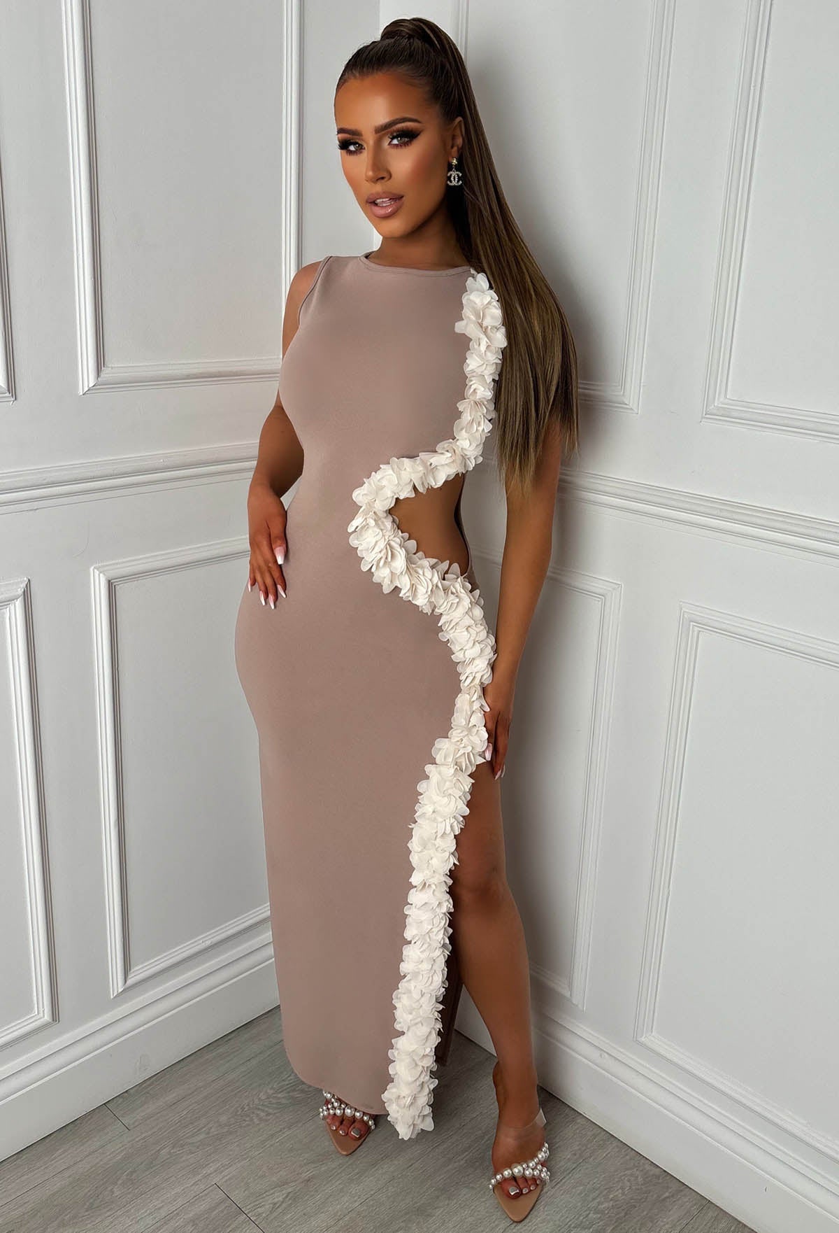 Billion Dollar Babe Taupe Cut Out Maxi Dress