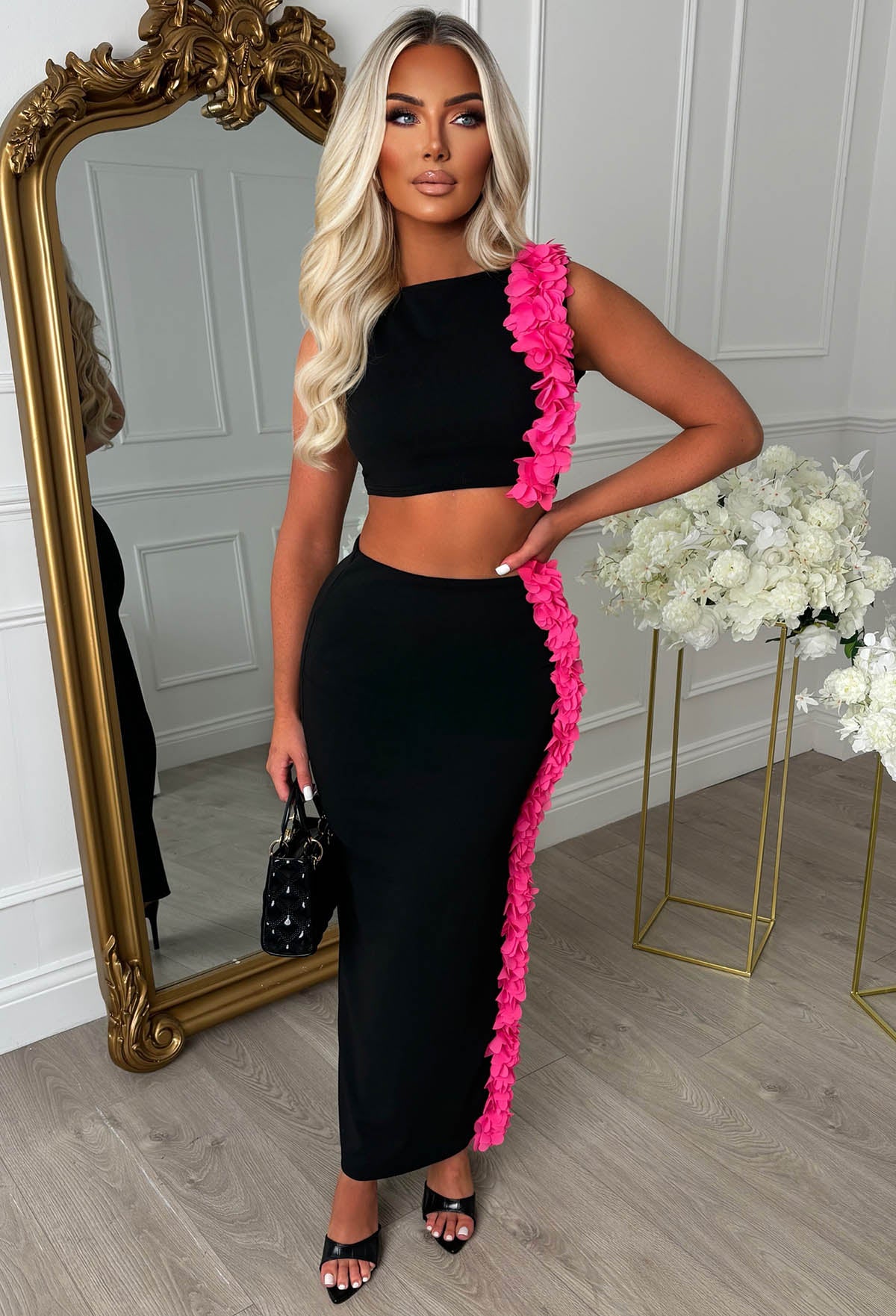 Billionaire Beauty Black Ruffle Midi Side Split Co-Ord Set