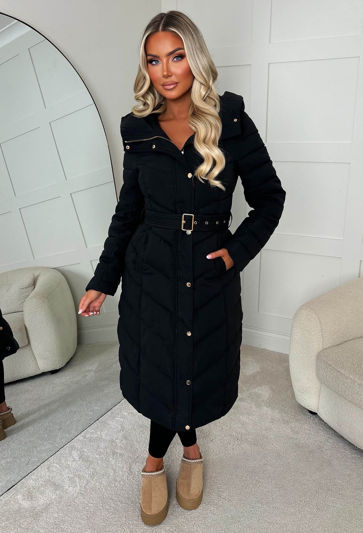 Black Orchid Black Chevron Belted Puffer Coat | Pink Boutique