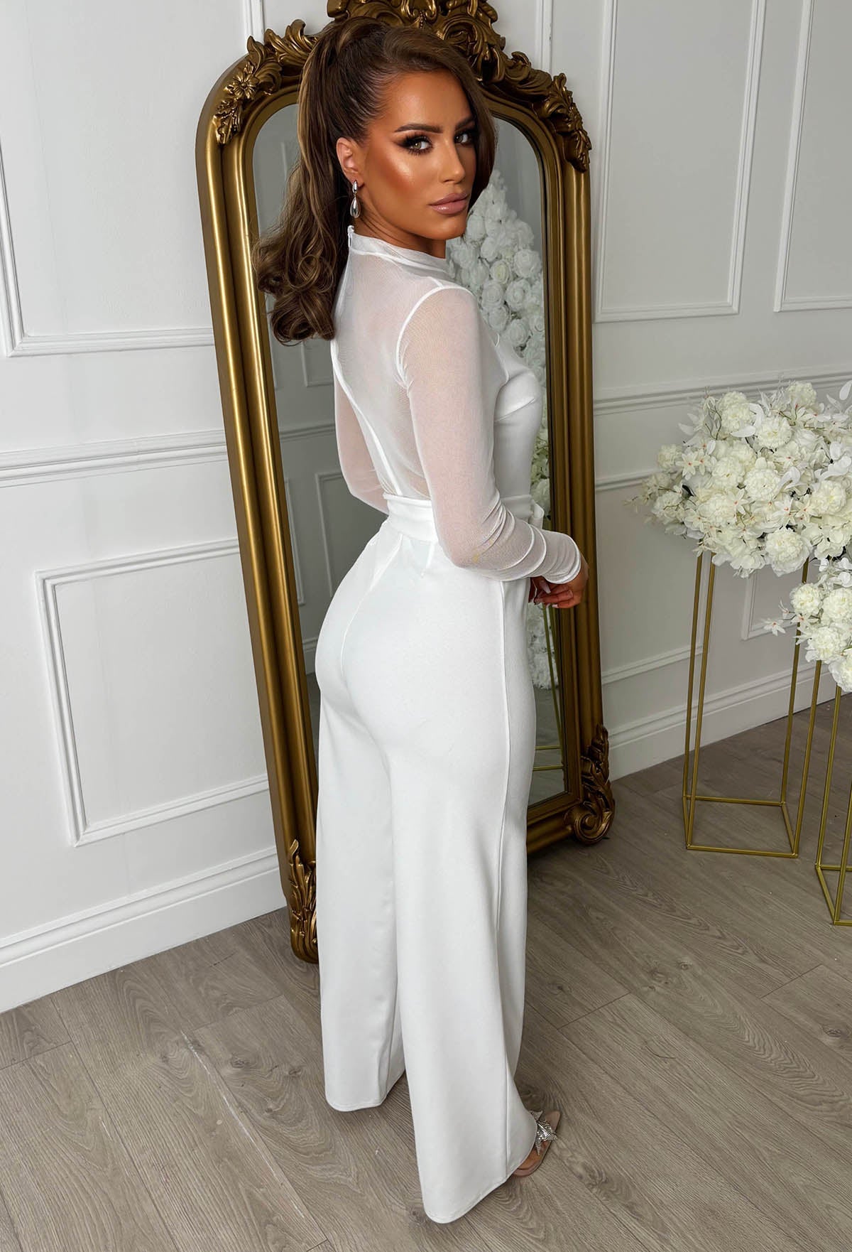 Blissful Chic White Mesh & Plain Wide Leg Belted Jumpsuit