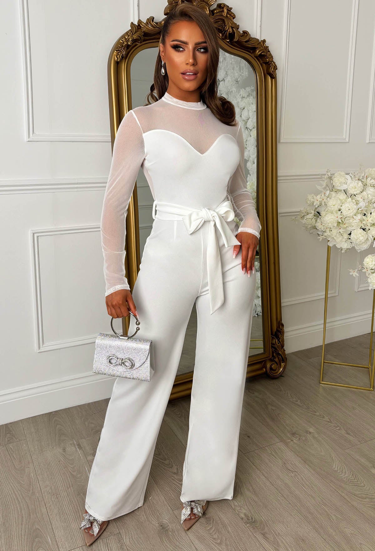 Blissful Chic White Mesh Plain Wide Leg Belted Jumpsuit Pink