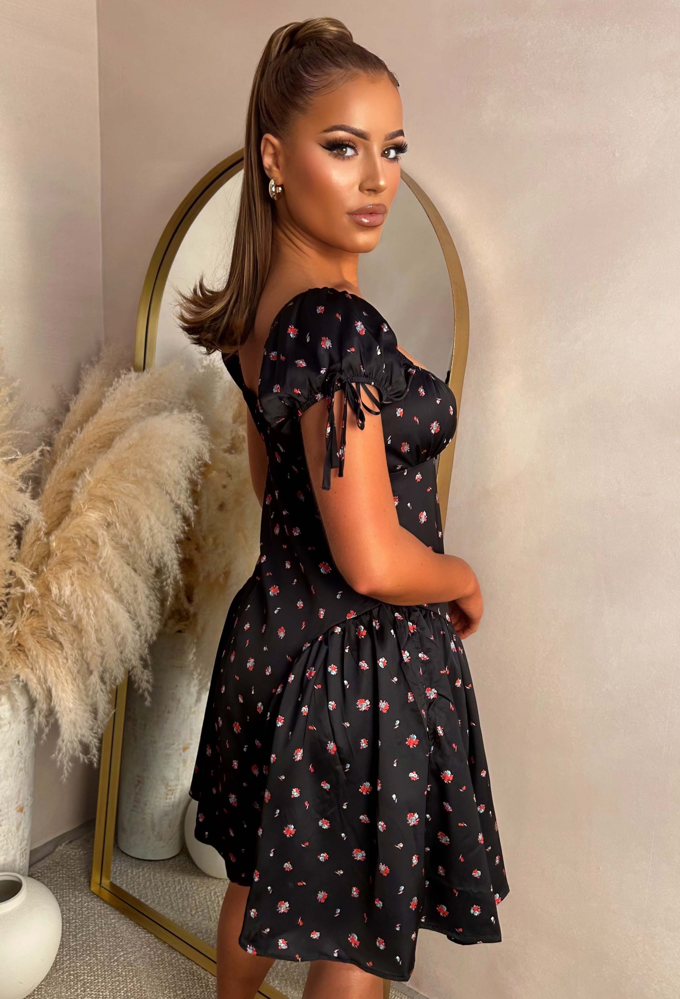 Blossom Babe Black Floral Print Mini Dress With Ruched Neckline