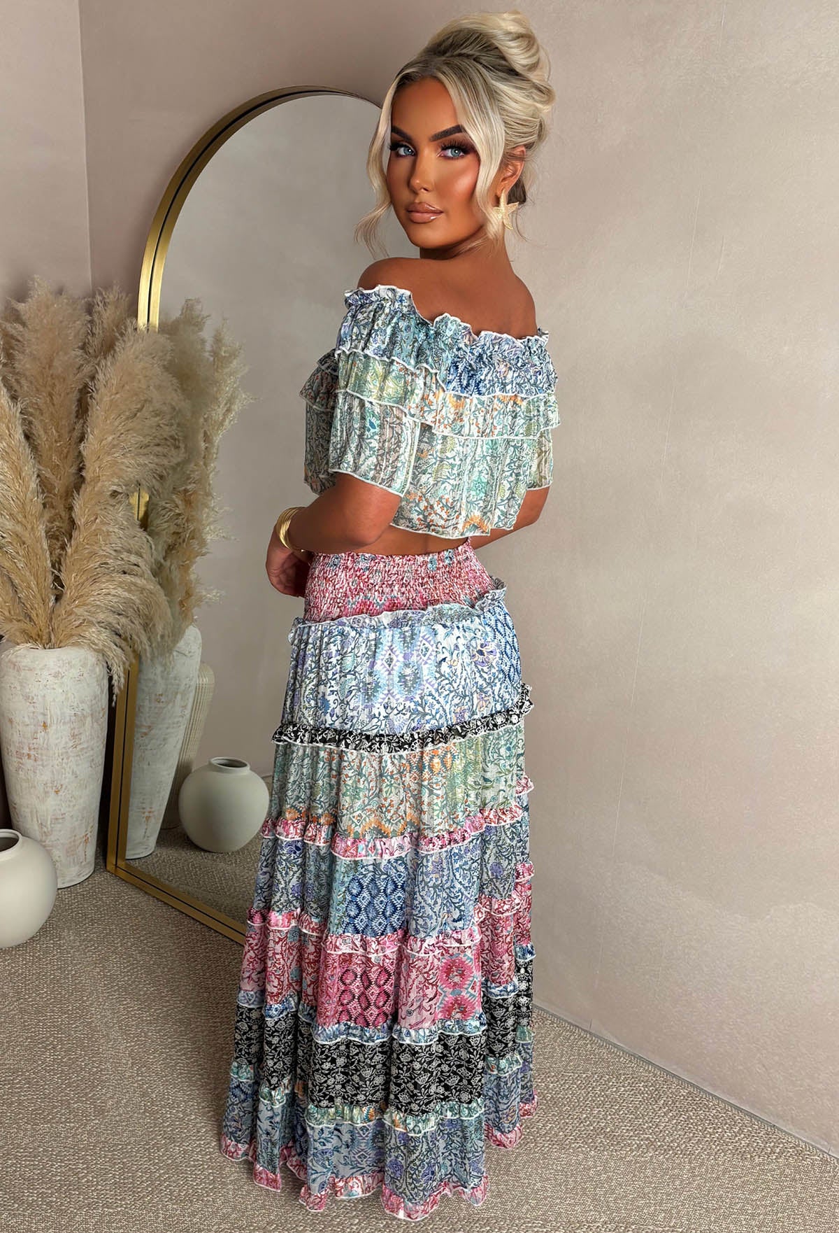 Blush Waves Multi Floral Ruffle Maxi Skirt