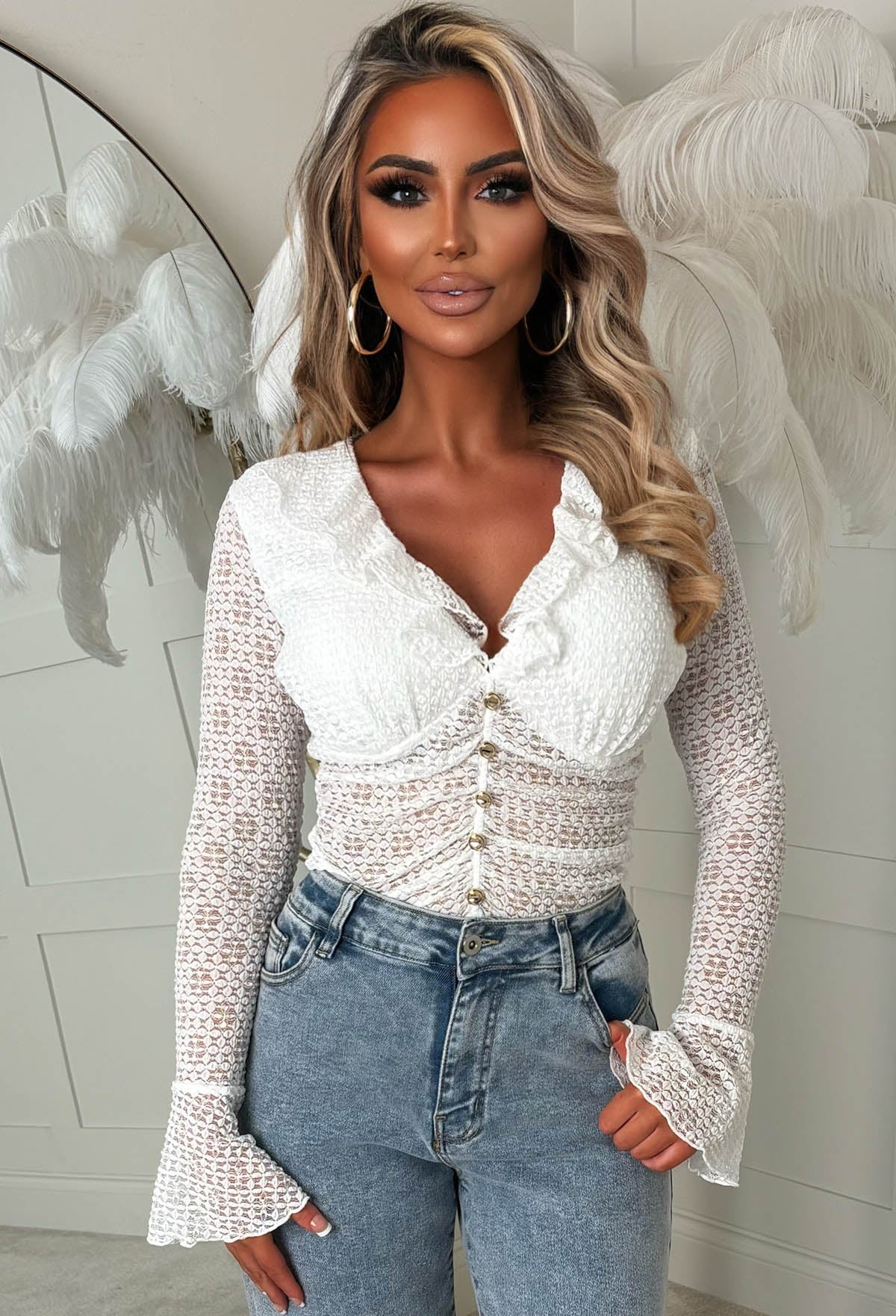 Blushing Silhouette White Ruffle Ruched Bodysuit