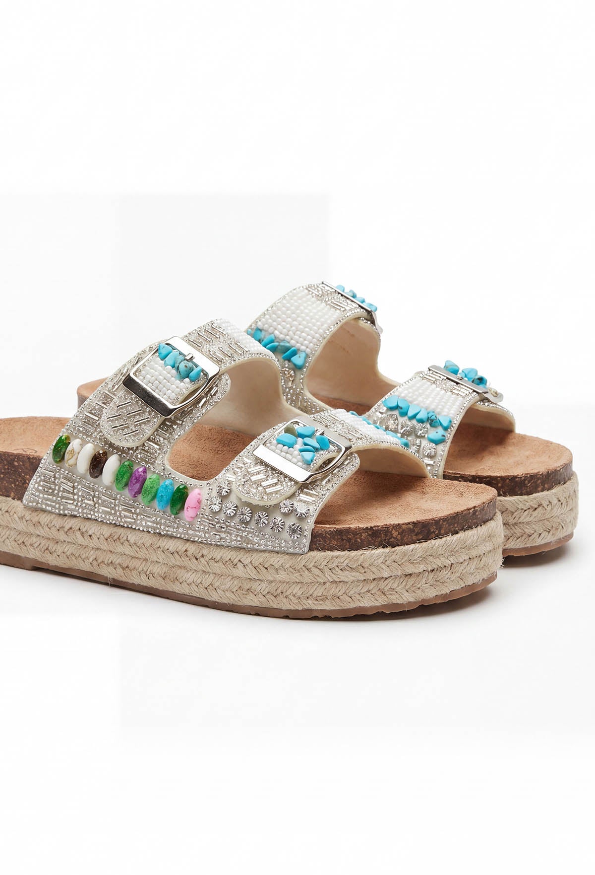 Boho Bali White Beaded Adjustable Raffia Sandals