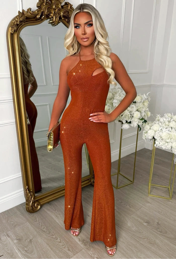 Born To Glow Bronze Halterneck Sparkle Jumpsuit