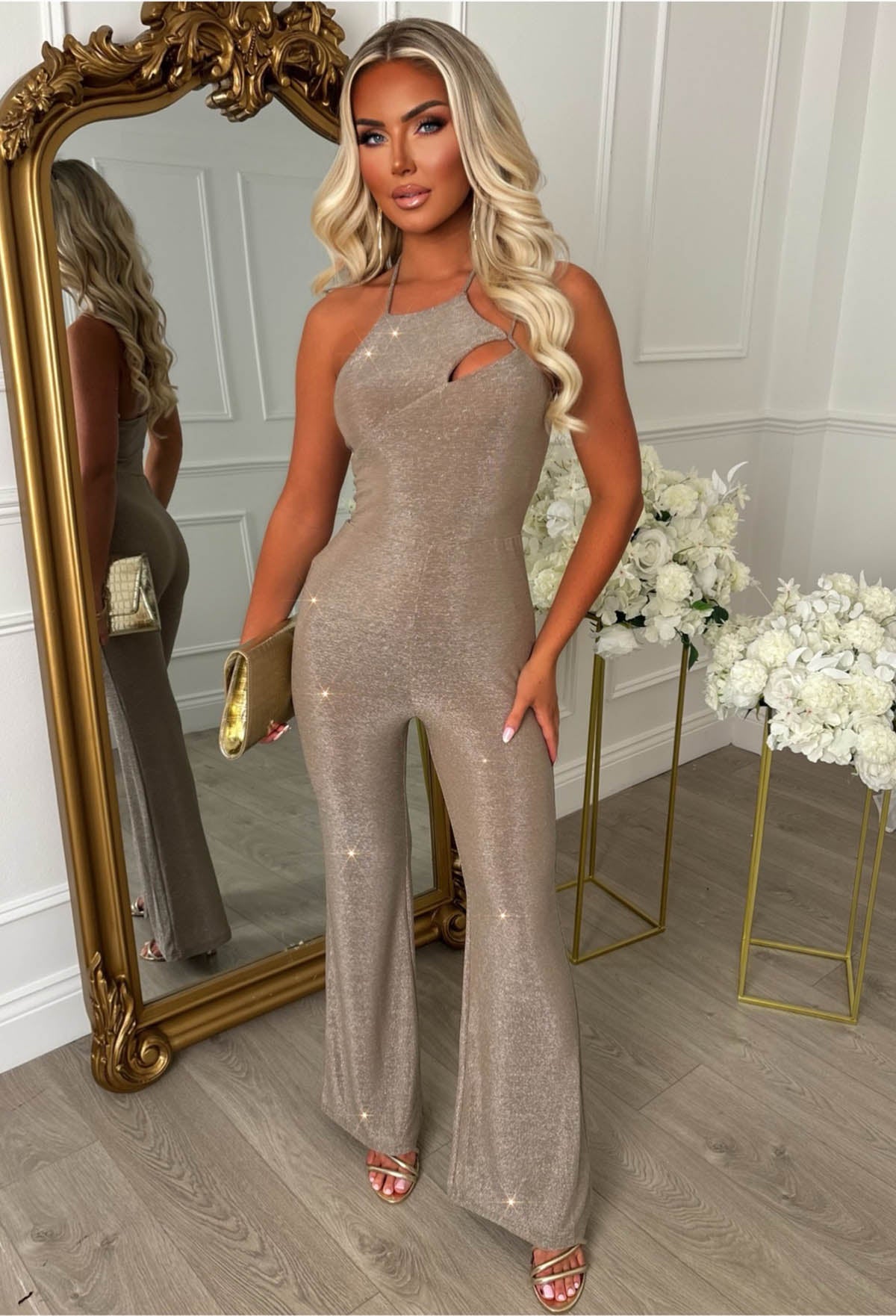 Born To Glow Gold Halterneck Sparkle Jumpsuit