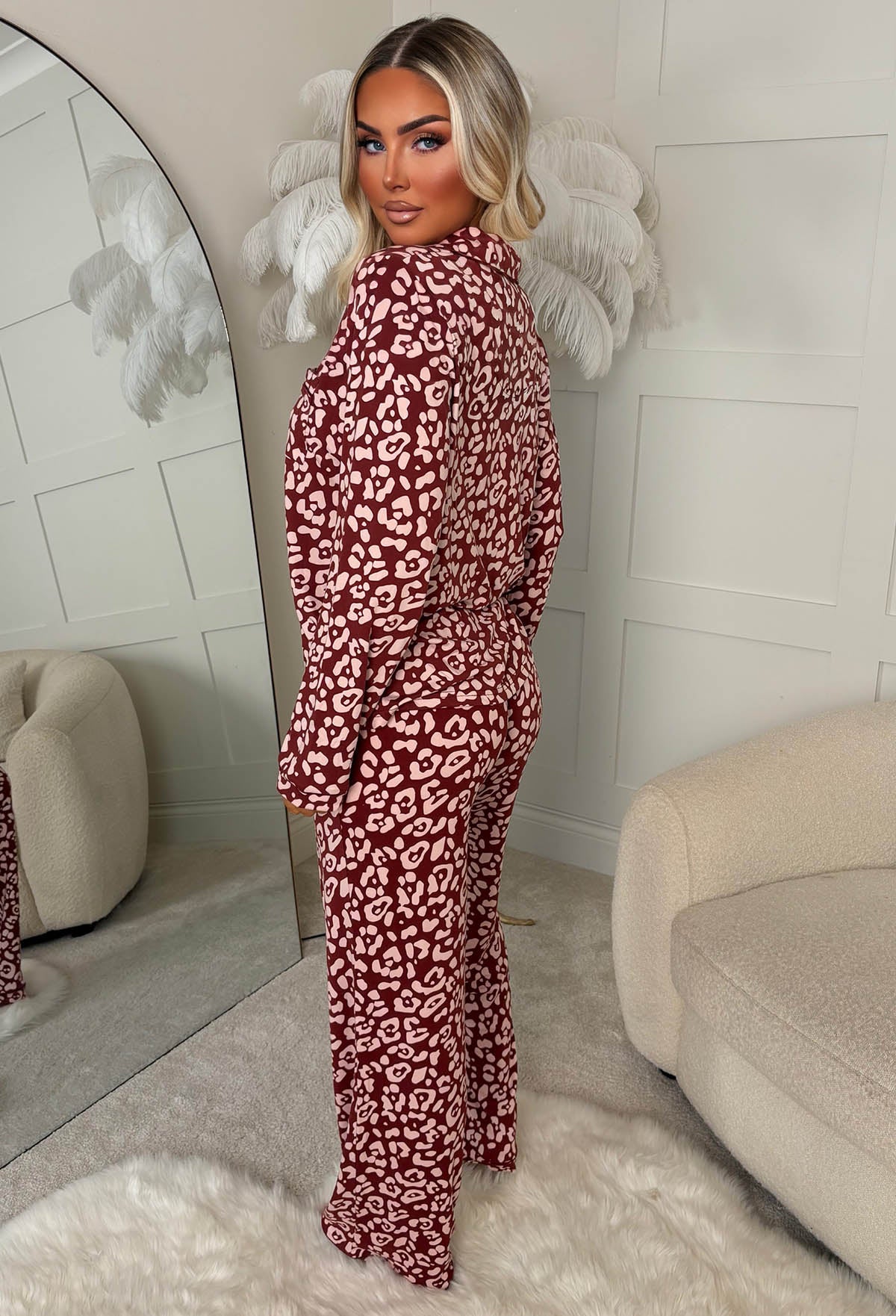 Boss Babe Boudoir Wine Leopard Long Sleeve Button Down Pyjama Set