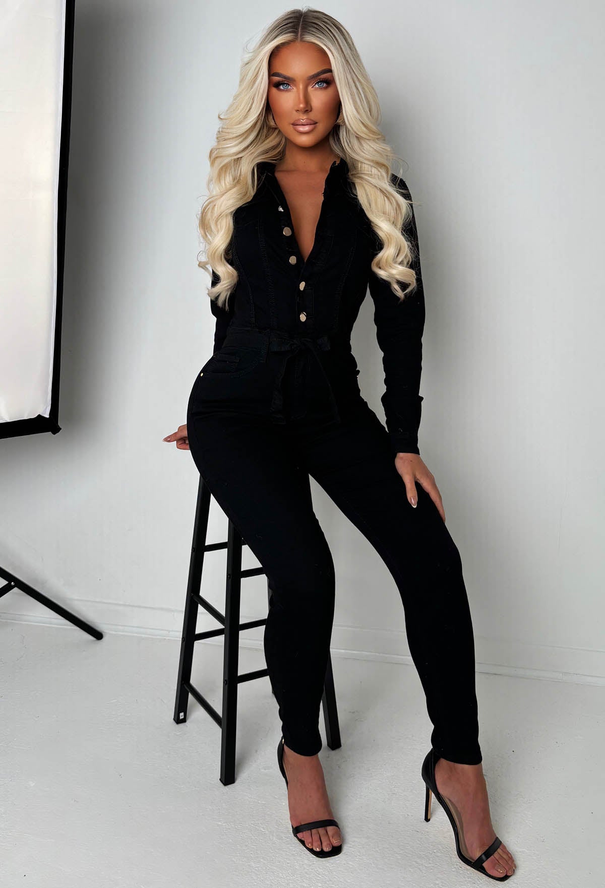 Boulevard Chic Black Stretch Long Sleeve Denim Jumpsuit
