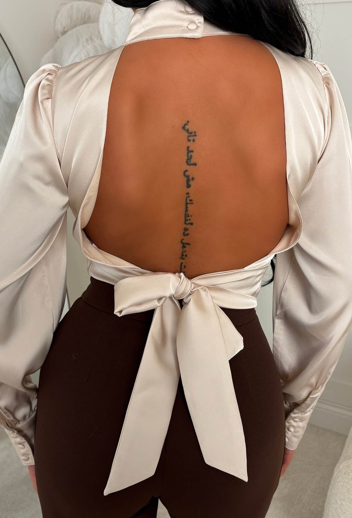 Bowtiful Babe Cream Open Back Satin Bow Top