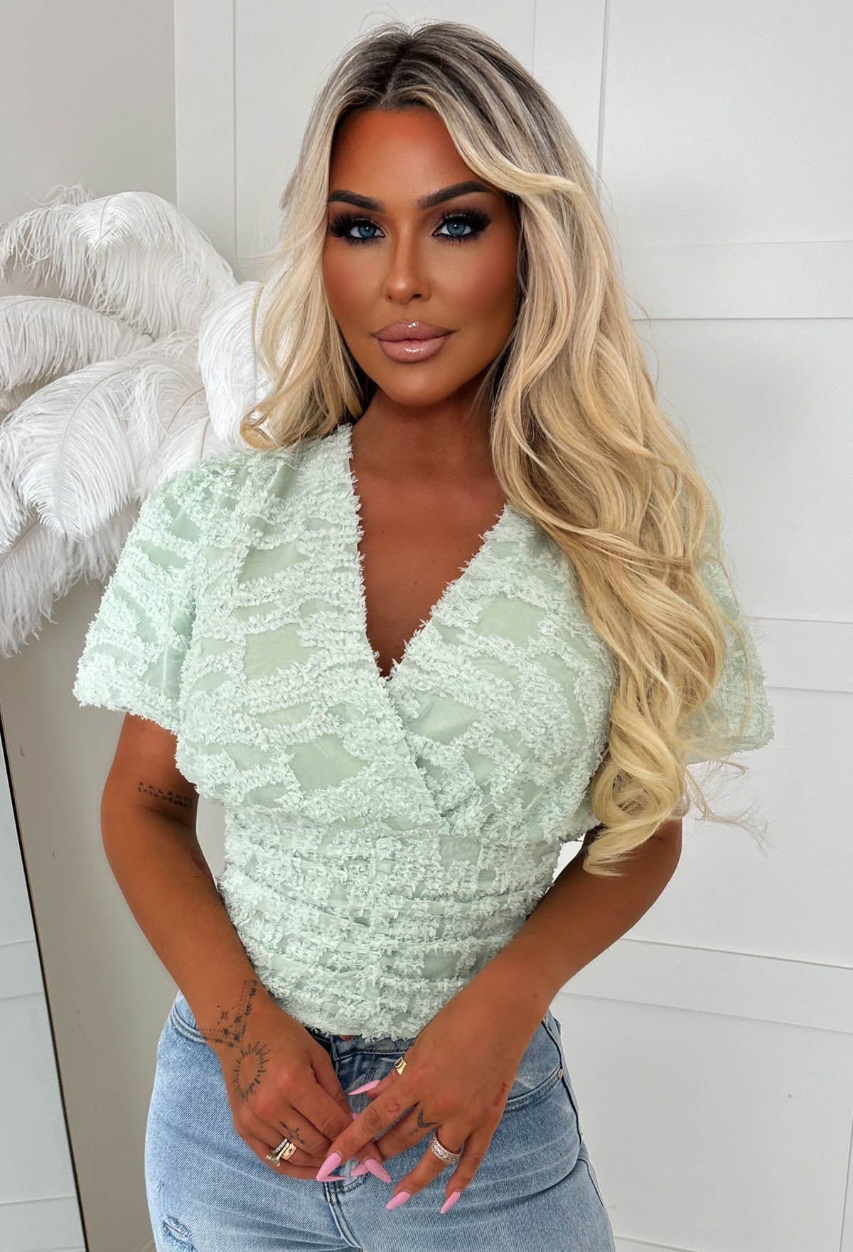 Briella Green Short Sleeved Textured Ruched Top