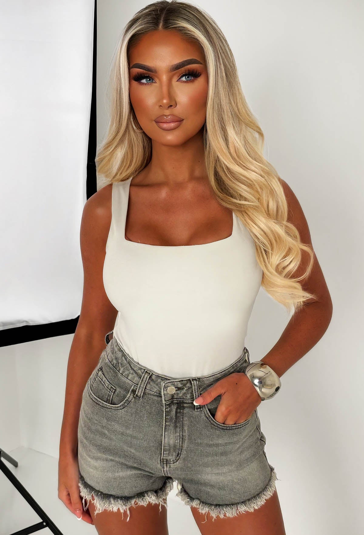 Bring On The Drama Grey Ripped Denim Hot Fix Shorts