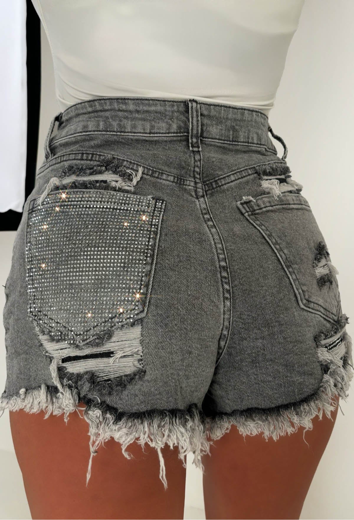 Bring On The Drama Grey Ripped Denim Hot Fix Shorts