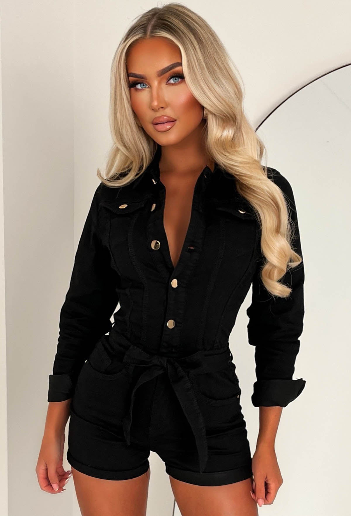 Black Denim Long Sleeve Playsuit