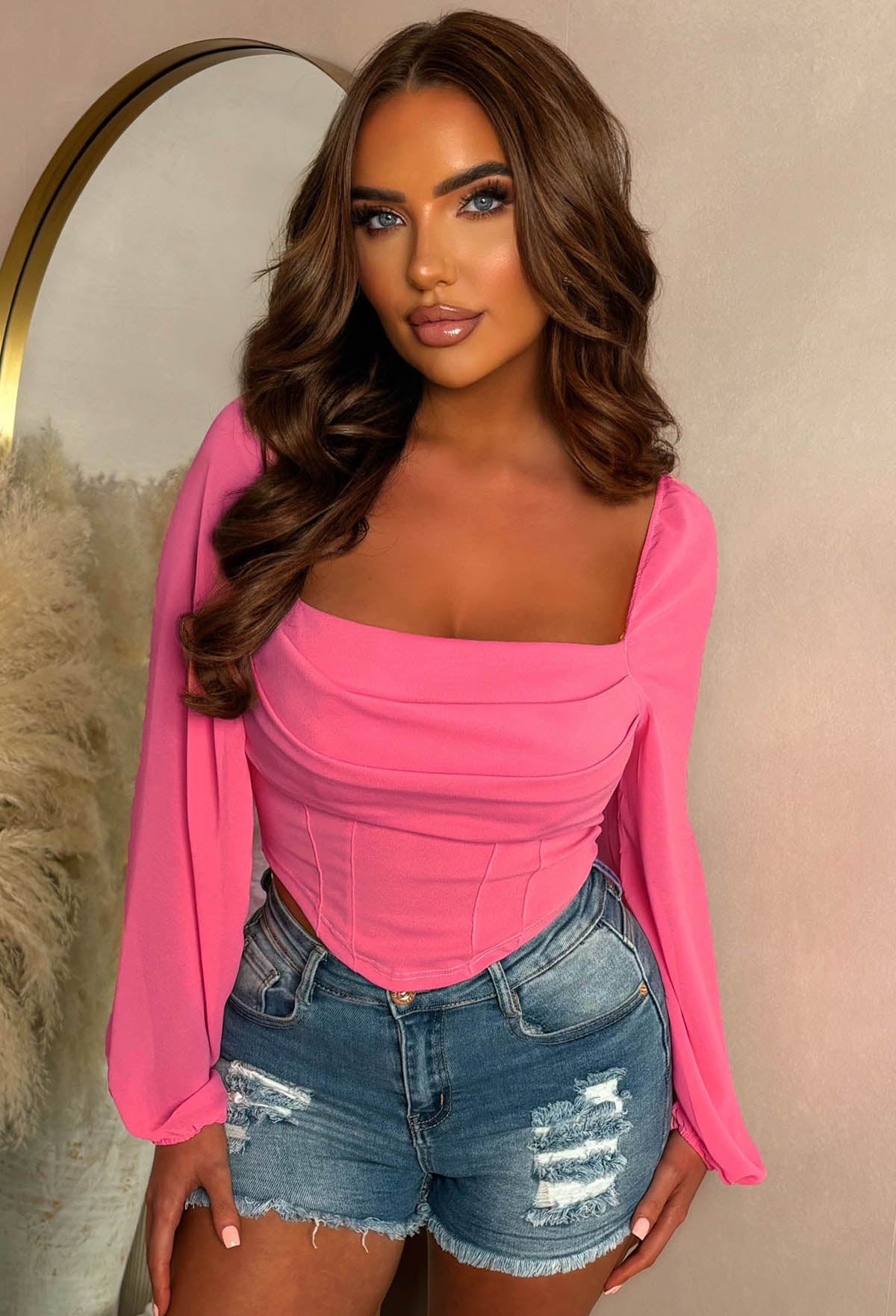 Bryony Hot Pink Long Sleeve Stretch Corset Top