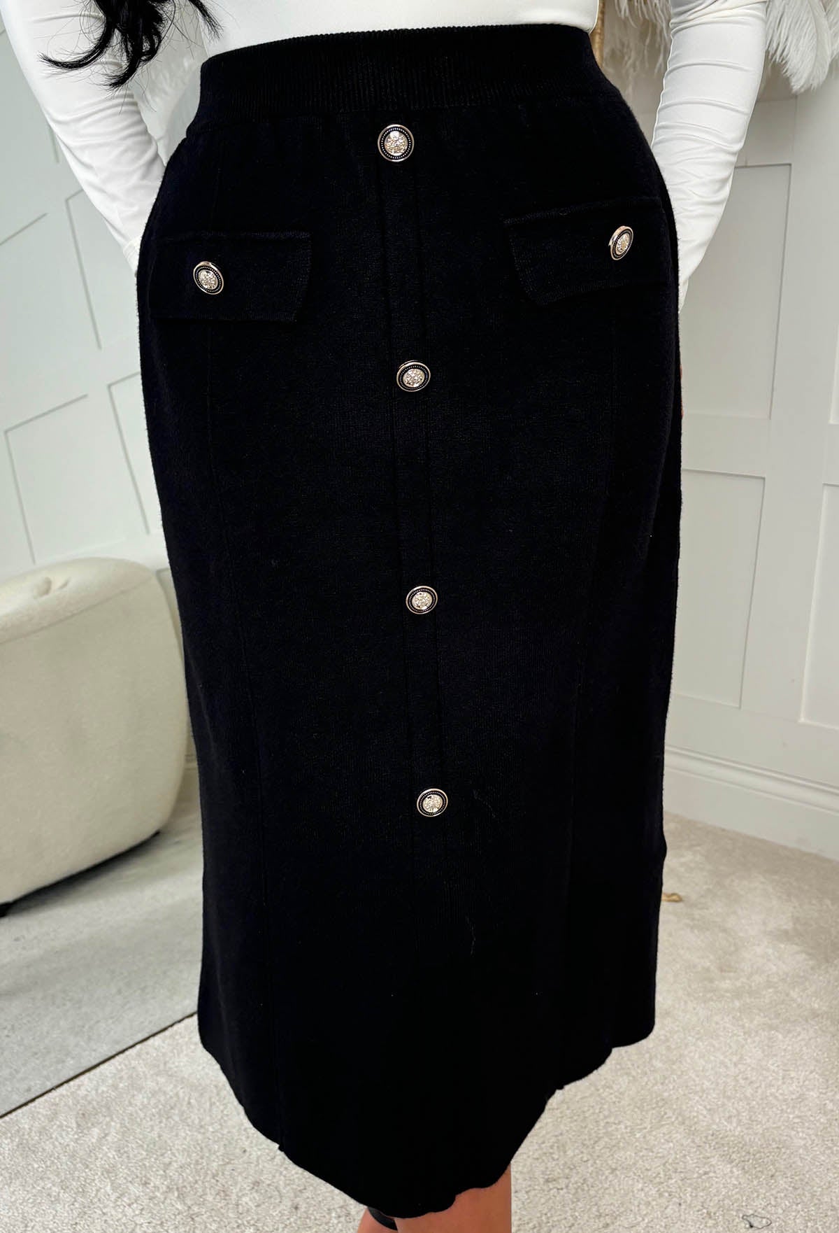 Buttoned Darling Black Gold Button Detail Knitted Midi Skirt