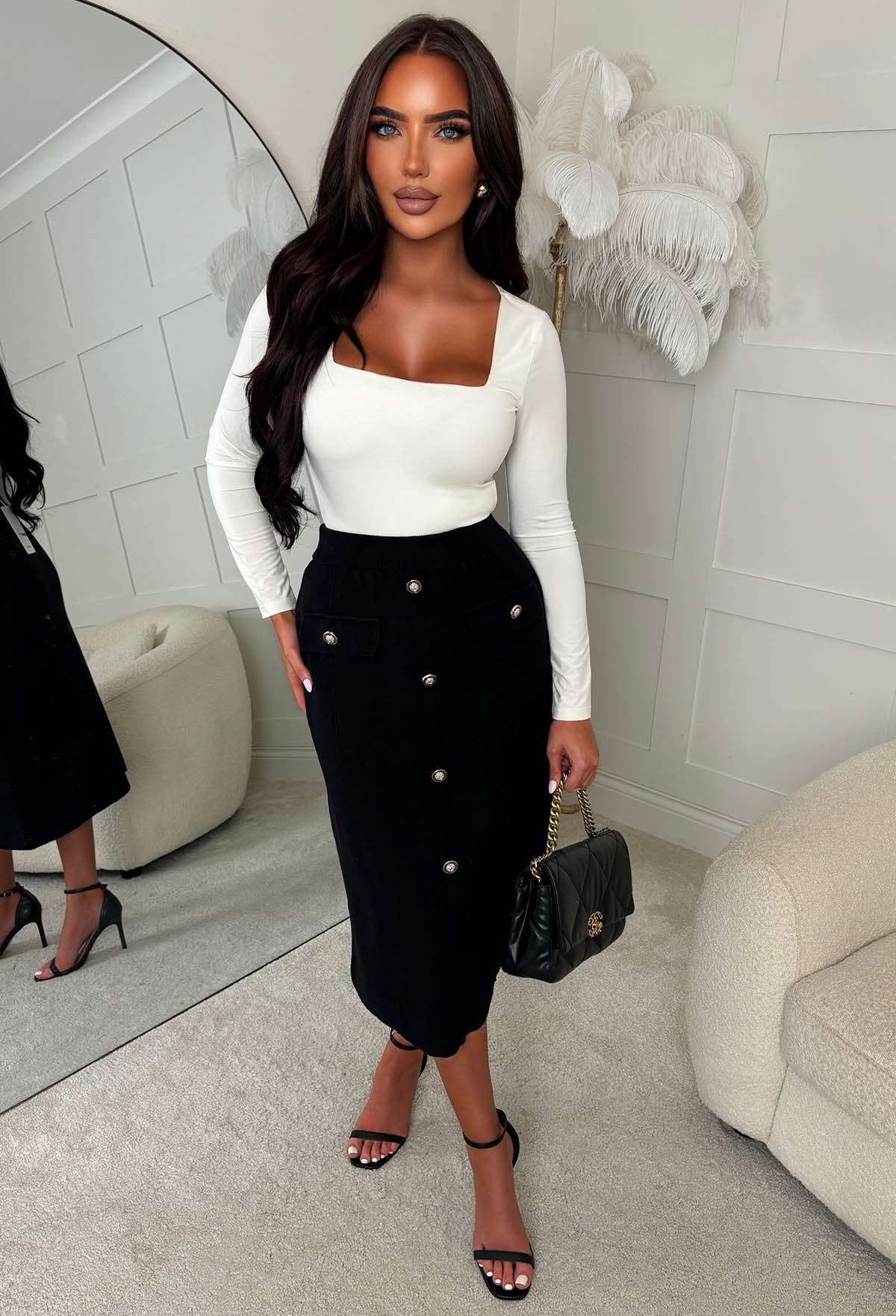 Buttoned Darling Black Gold Button Detail Knitted Midi Skirt