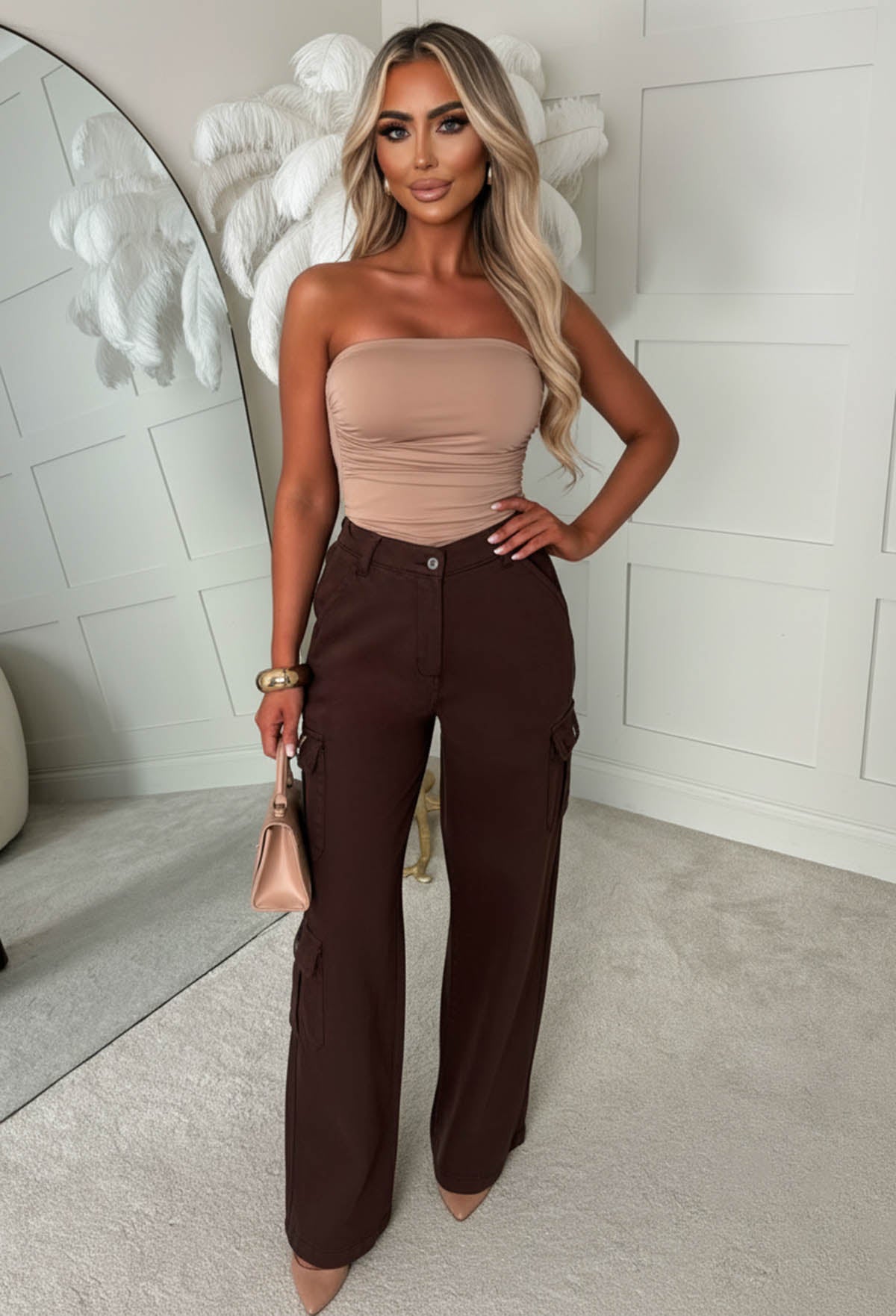 Cargo Revolution Brown Cargo Wide Leg Stretch Trousers