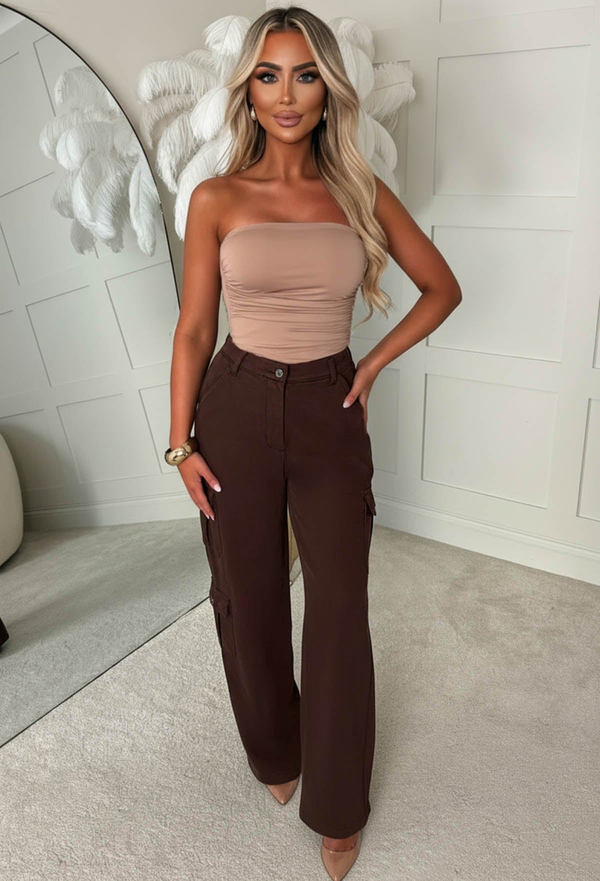 Cargo Revolution Brown Cargo Wide Leg Stretch Trousers